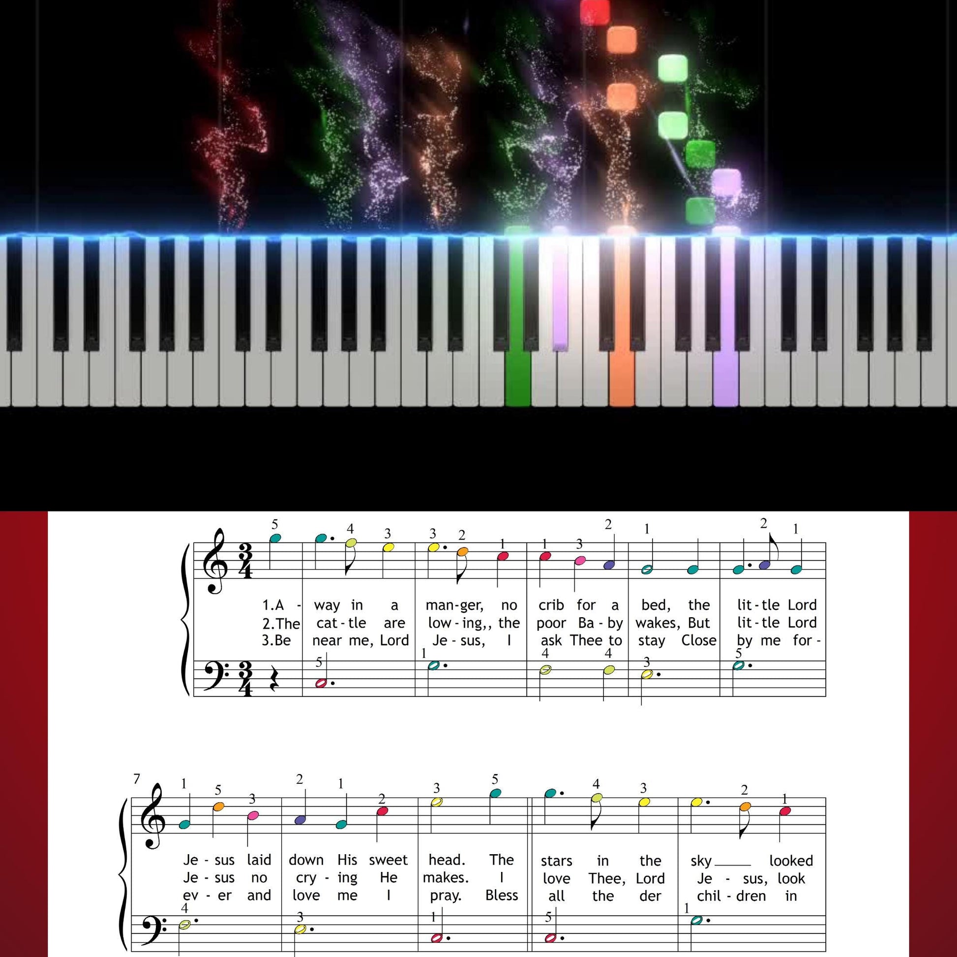 Away in a Manger by James R. Murray downloadable and simplified piano sheet music PDF perfect for last-minute Christmas gifts 2025 shoppers offers personalised digital Christmas printables with lyrics, finger numbers, note names and color-note guidance ready for instant printing or tablet use.