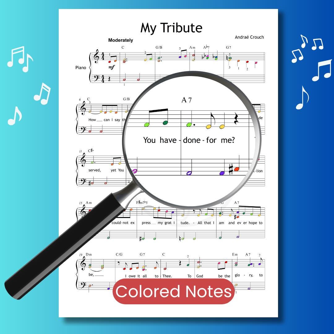 To God Be the Glory hymn – My Tribute by Andraé Crouch – offered as digital piano sheet with lyrics. A moving solo piece for gospel settings, designed for tablet or print, with strong emotional phrasing and worshipful tone.
