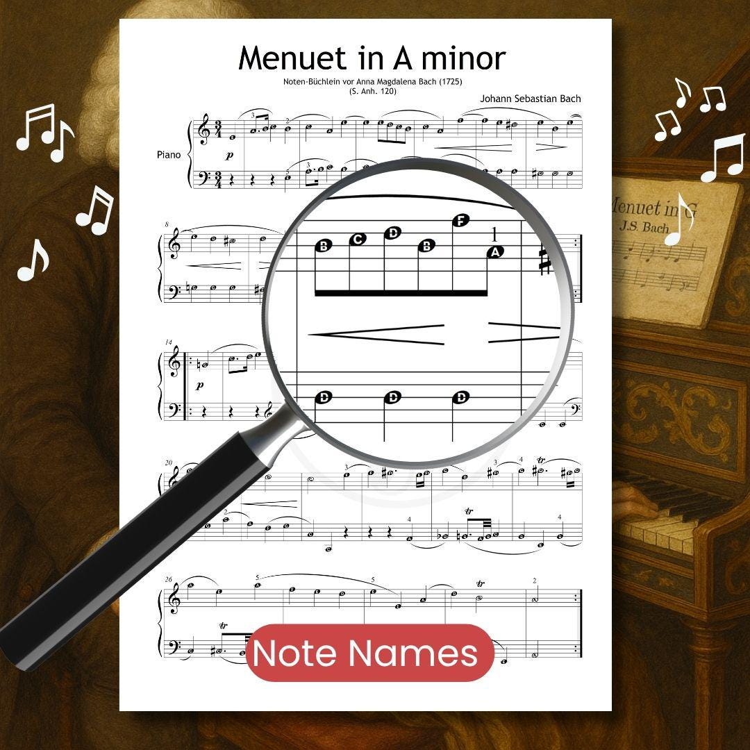Menuet in A Minor by Johann Sebastian Bach – downloadable and simplified piano sheet music PDF with note names added. Supports music literacy in early learners and helps reinforce note reading and pitch awareness in academic or private lessons.