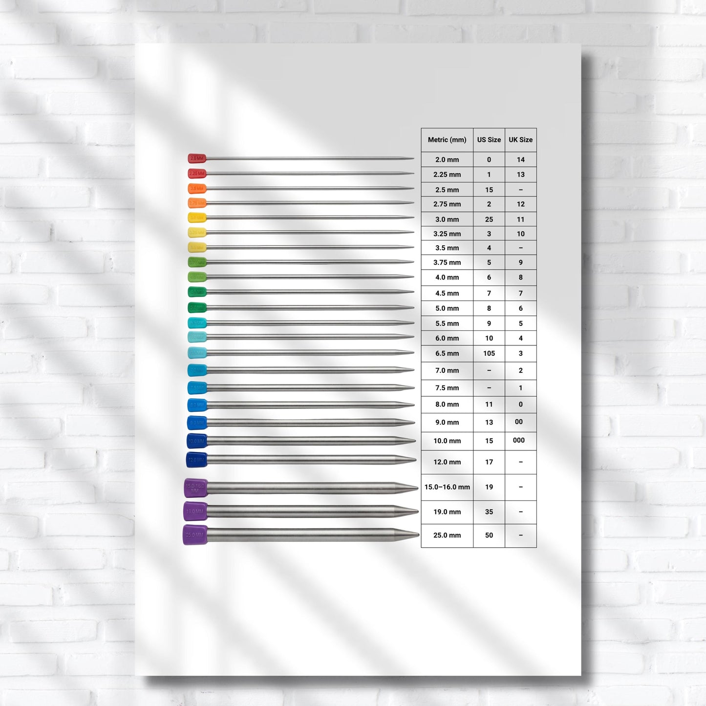 Knitting Needle Size Reference Printable – Metric, US and UK Needle Chart for Knitters | Digital Download 
Printable knitting needle size chart PDF displaying metric, US, and UK conversions in a minimal layout, ideal for quick reference during knitting projects and gauge checks.