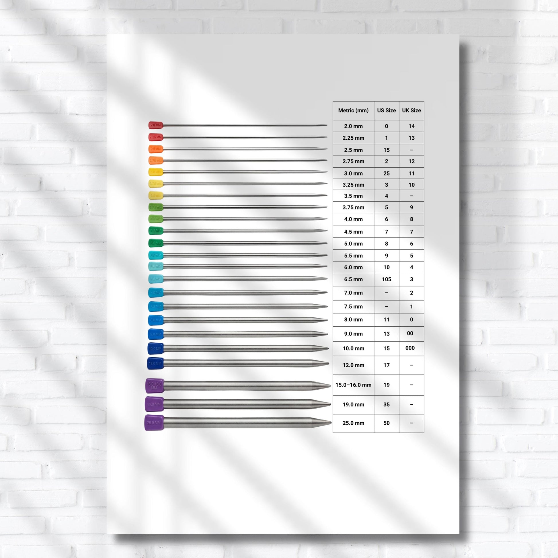 Knitting Needle Size Reference Printable – Metric, US and UK Needle Chart for Knitters | Digital Download 
Printable knitting needle size chart PDF displaying metric, US, and UK conversions in a minimal layout, ideal for quick reference during knitting projects and gauge checks.