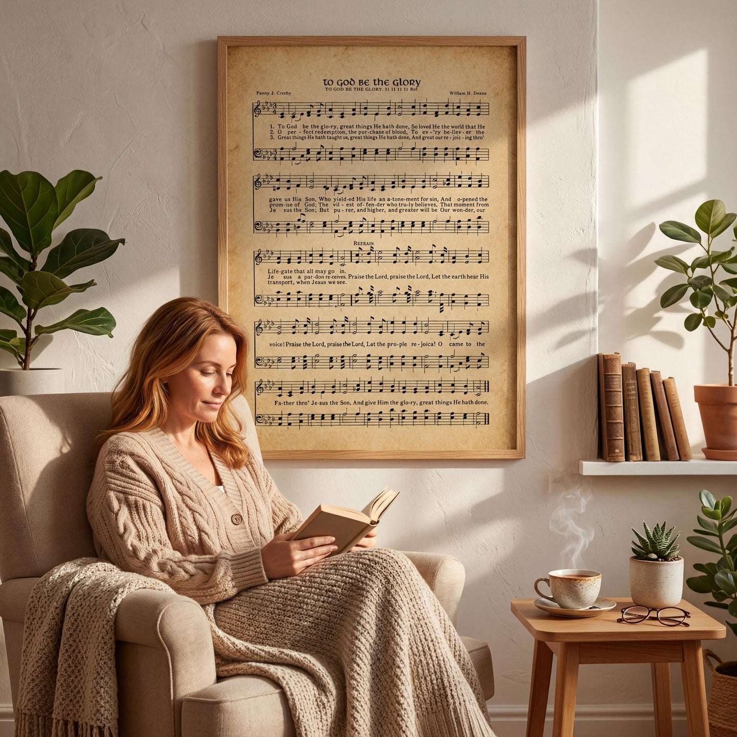 A woman is sitting in a chair, reading a book, with a framed sheet music poster of a hymn hanging on the wall behind her.