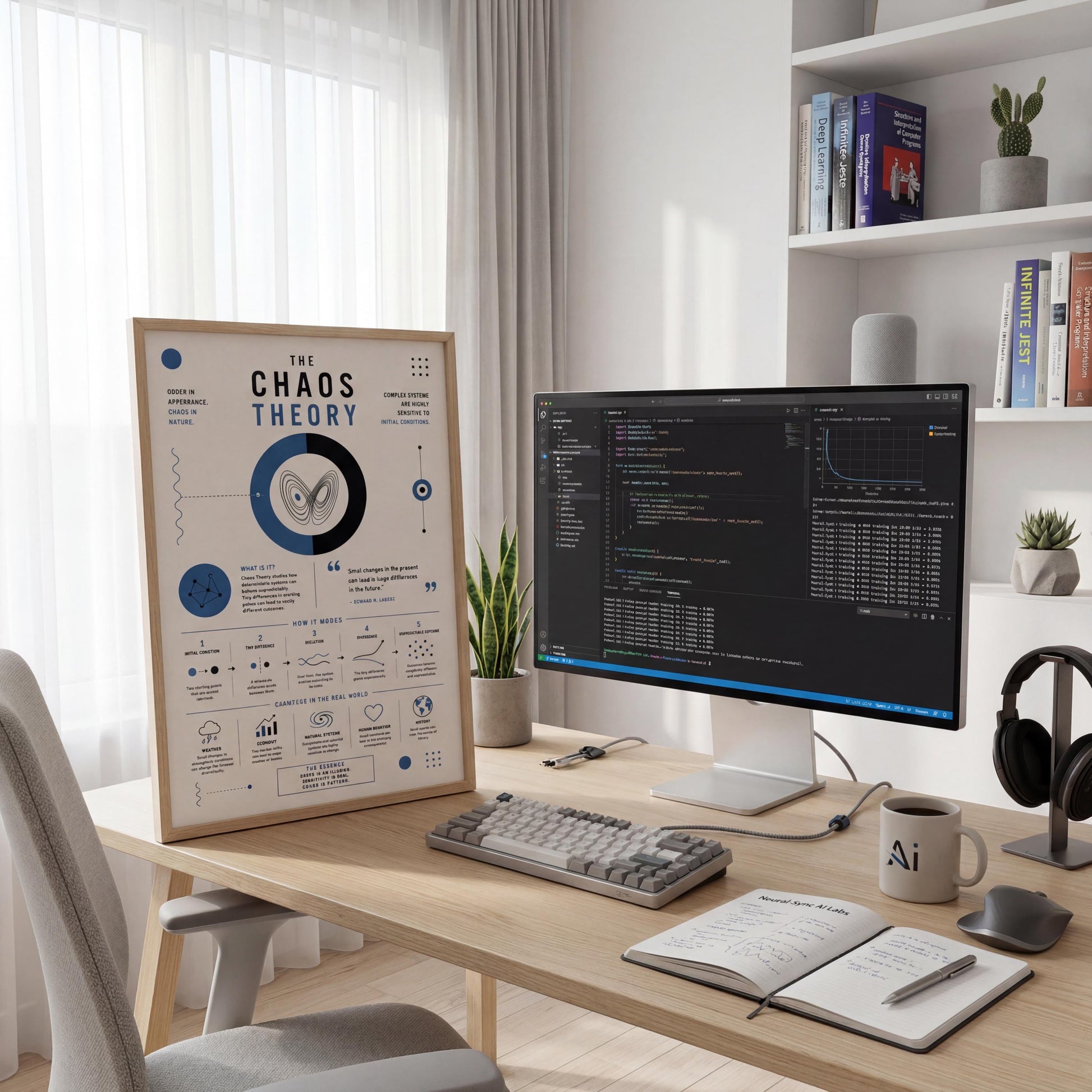a workspace with a computer monitor, keyboard, and mouse on a desk, along with a poster or infographic titled "The Chaos Theory" displayed on the wall.