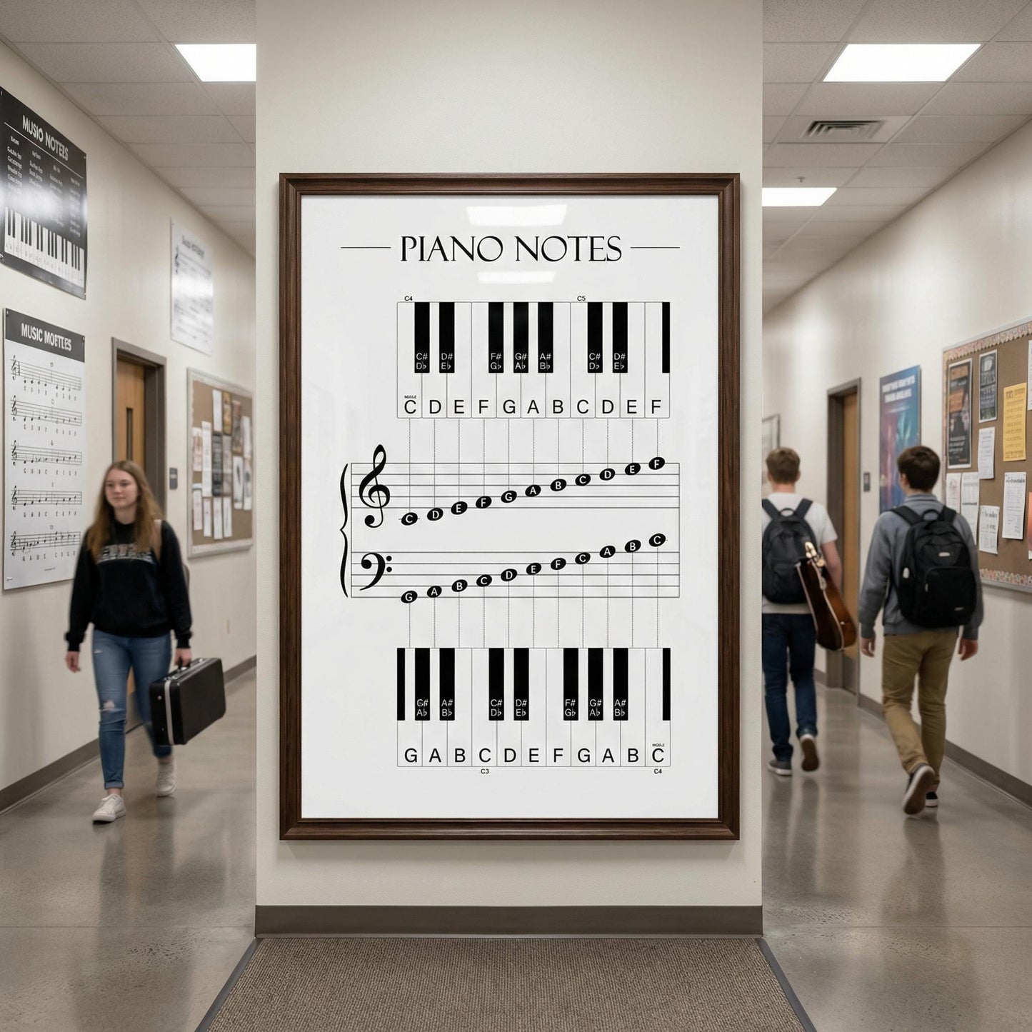 Beginner-friendly piano notes chart printable presenting treble and bass clef note names with keyboard reference for effective music reading practice.