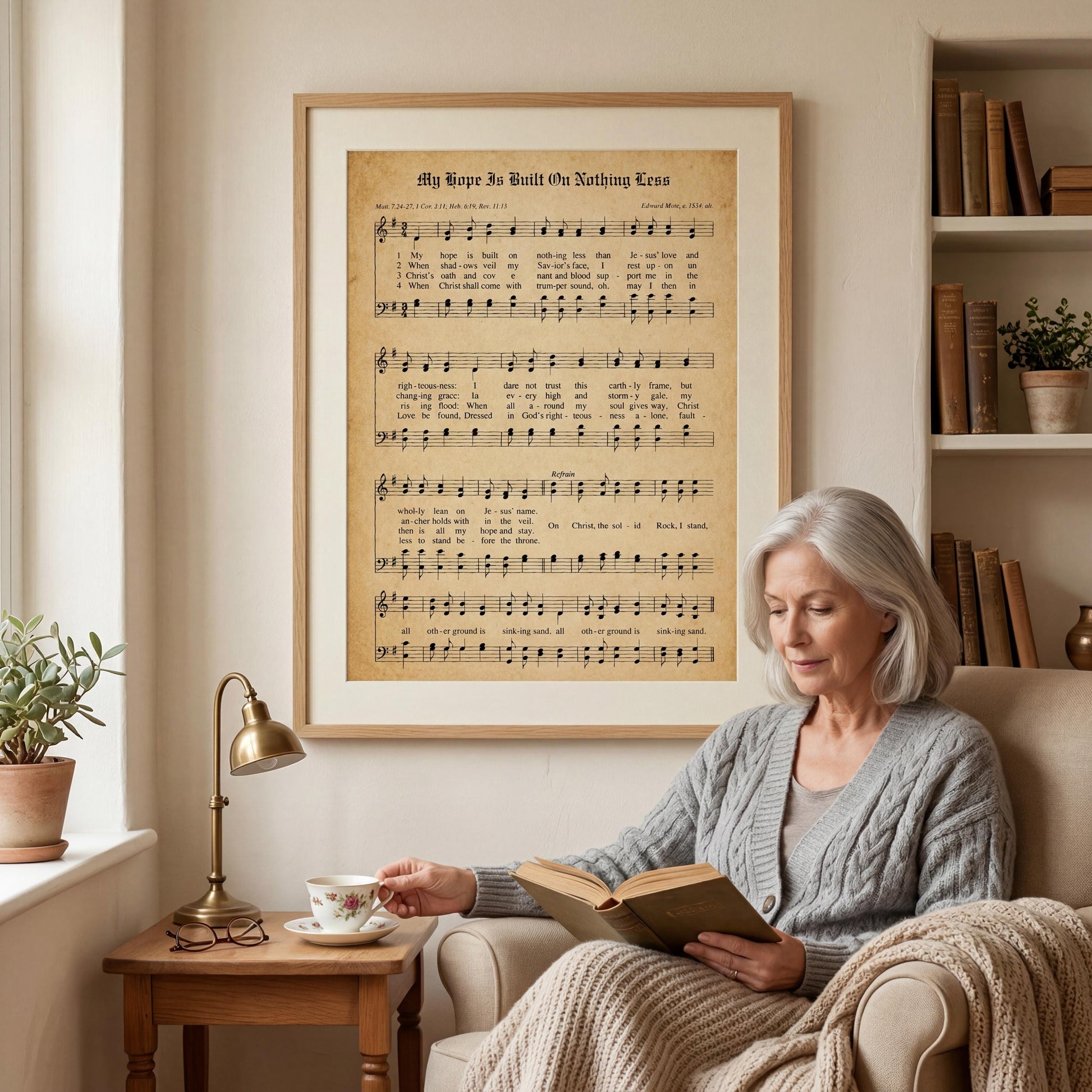 A woman is sitting in a chair, reading a book, with a framed sheet music poster of a song hanging on the wall behind her.