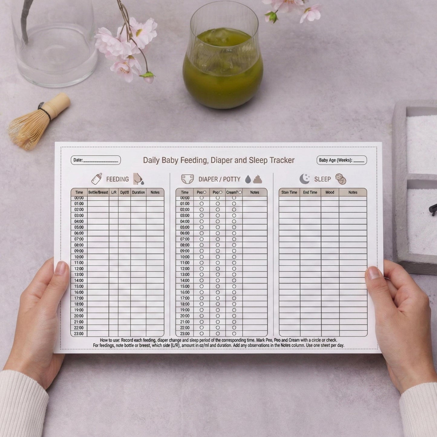Baby Daily Tracker PDF with structured sections for bottle or breastfeeding records, wet and dirty diaper logs, and sleep tracking, created to help new parents document newborn routines clearly and consistently.