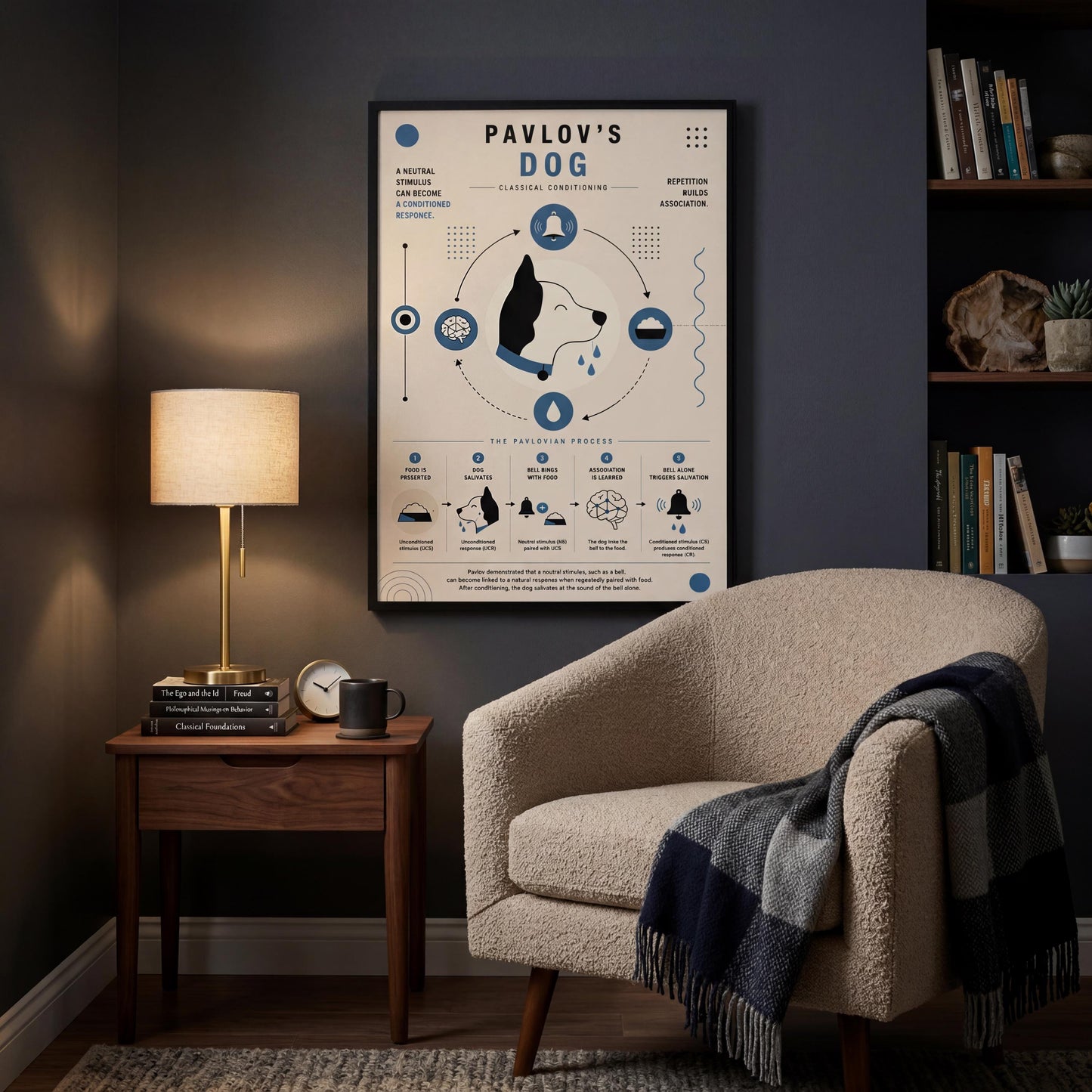 a cozy living room with a beige armchair, a wooden side table, a lamp, and a bookshelf filled with books. Above the armchair, there is a framed poster or illustration of a dog, accompanied by text that provides information about Pavlov's dog.