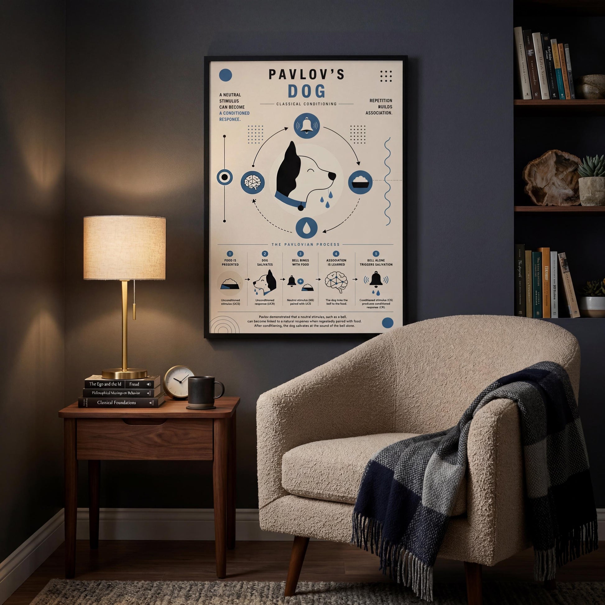 a cozy living room with a beige armchair, a wooden side table, a lamp, and a bookshelf filled with books. Above the armchair, there is a framed poster or illustration of a dog, accompanied by text that provides information about Pavlov's dog.