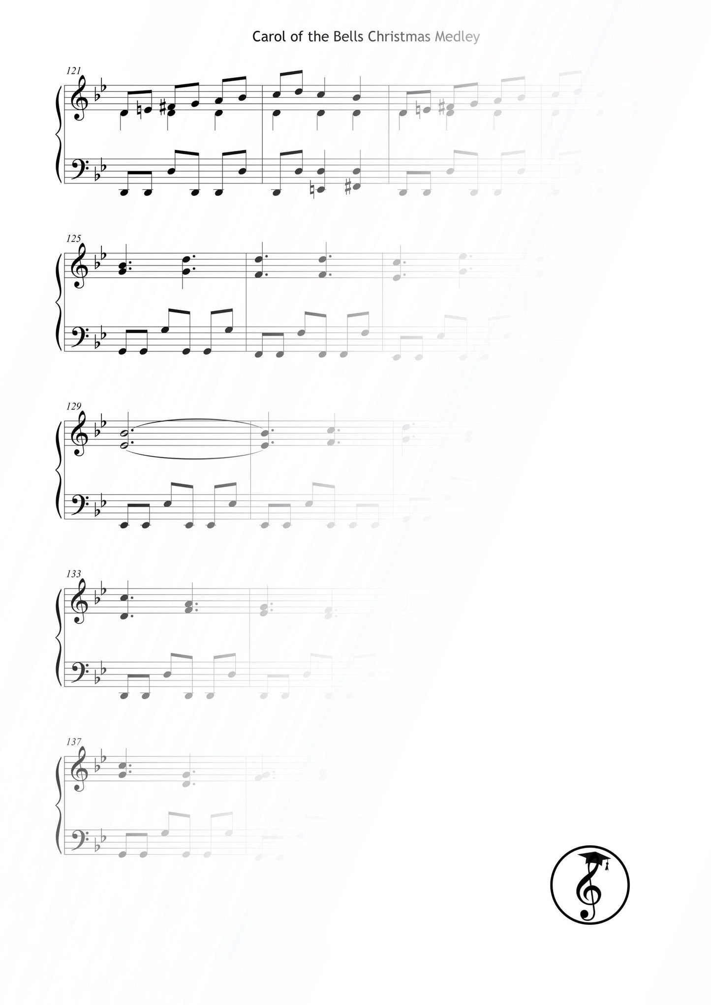 Carol of the Bells – Intermediate Christmas piano sheet (Grade 4) in printable PDF format. A beautifully detailed solo piano arrangement with dynamic contrasts and clear articulation. Perfect for Christmas recitals, festive lessons, and home performances, instant digital download.