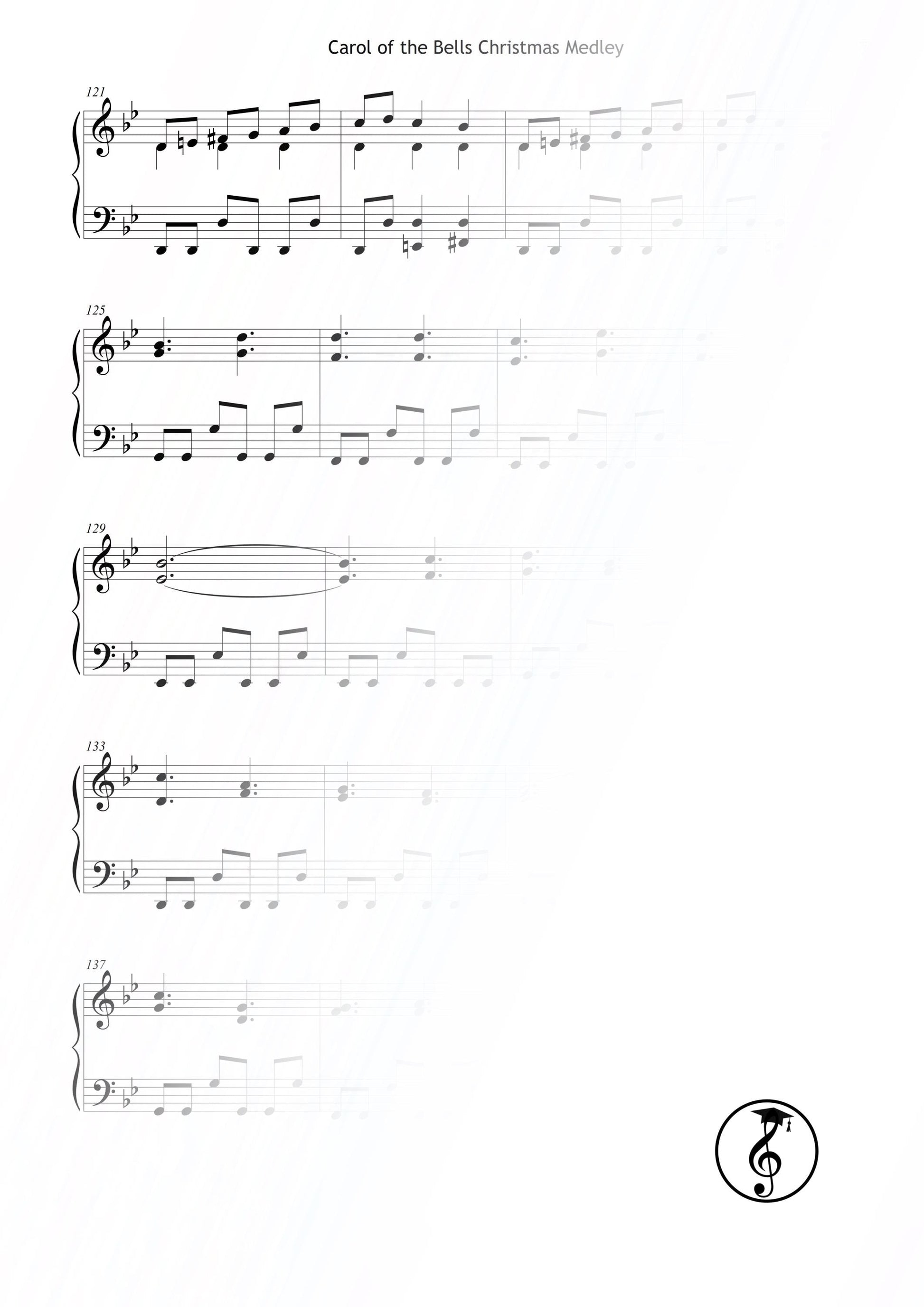Carol of the Bells – Intermediate Christmas piano sheet (Grade 4) in printable PDF format. A beautifully detailed solo piano arrangement with dynamic contrasts and clear articulation. Perfect for Christmas recitals, festive lessons, and home performances, instant digital download.