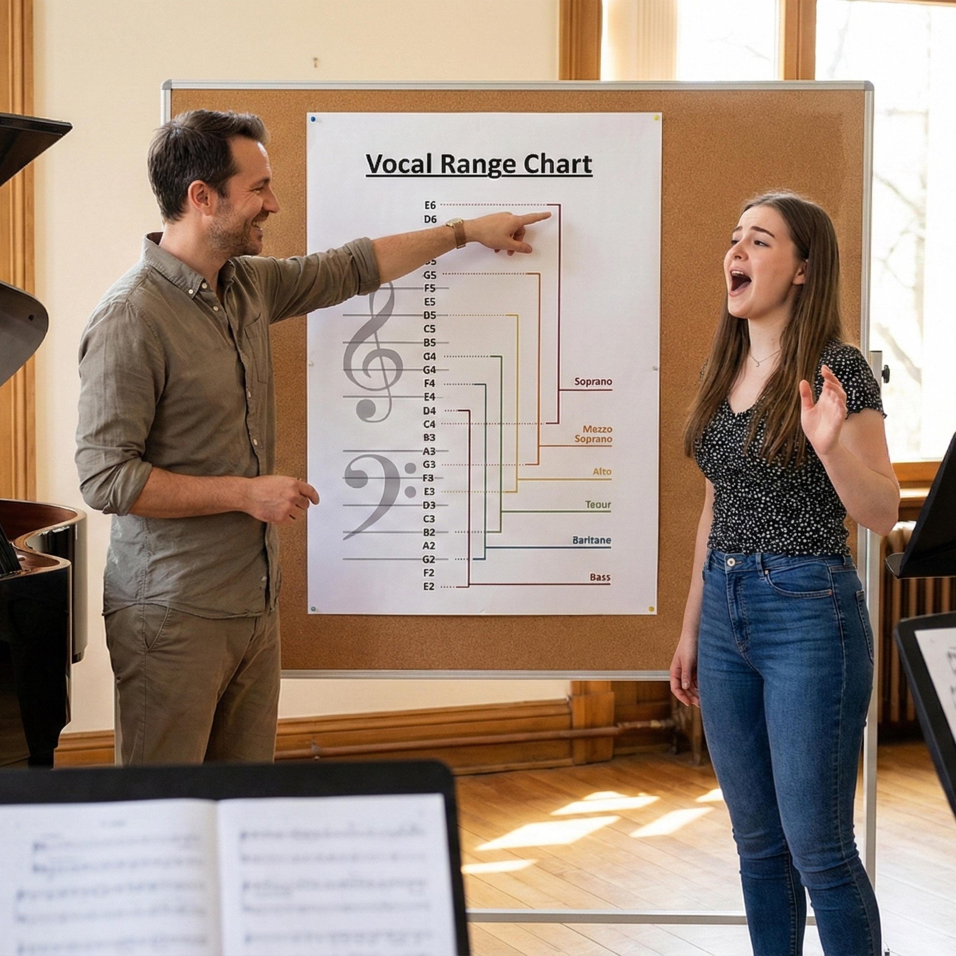 Vocal Range Chart for choir and voice training shown as a clear educational reference mapping soprano, mezzo-soprano, alto, tenor, baritone, and bass pitch ranges directly onto a musical staff with labeled notes, designed to support healthy voice placement and accurate voice classification.