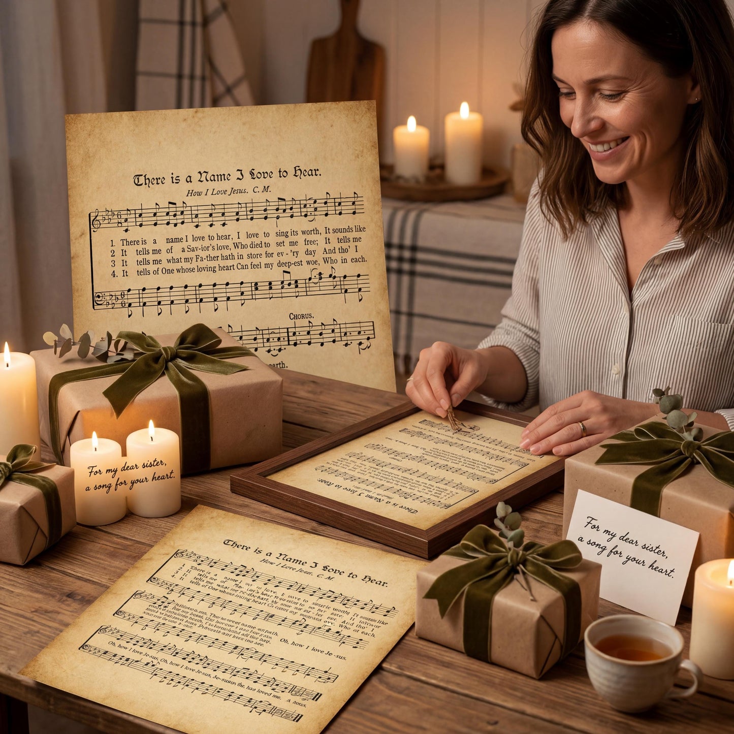 A woman is sitting at a table, surrounded by wrapped gifts and candles, with sheet music and a framed song lyrics in front of her.