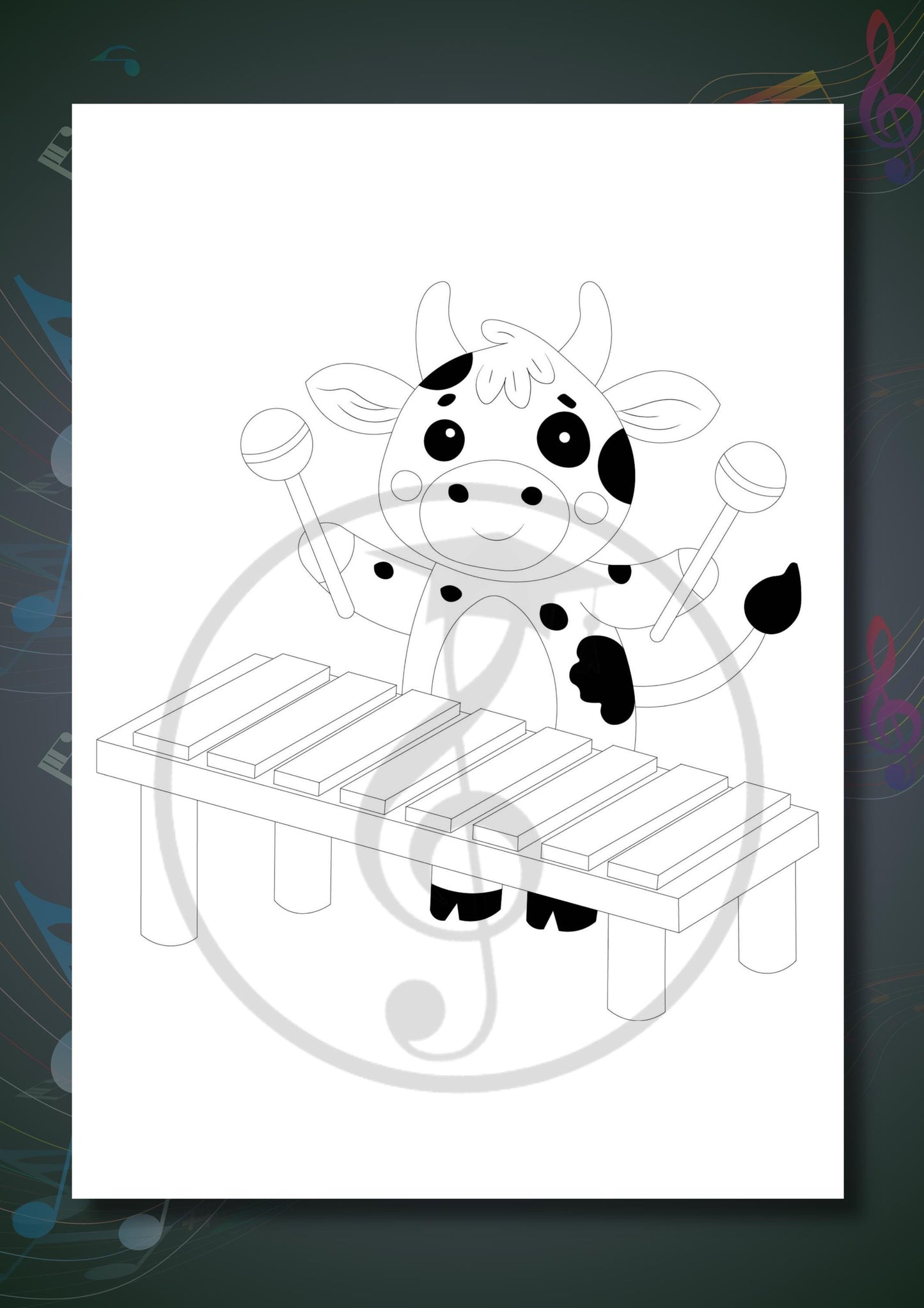 Animals Playing Instruments Coloring Book coloring sheet featuring an animal playing the bass guitar, designed to introduce band instruments alongside orchestral ones.