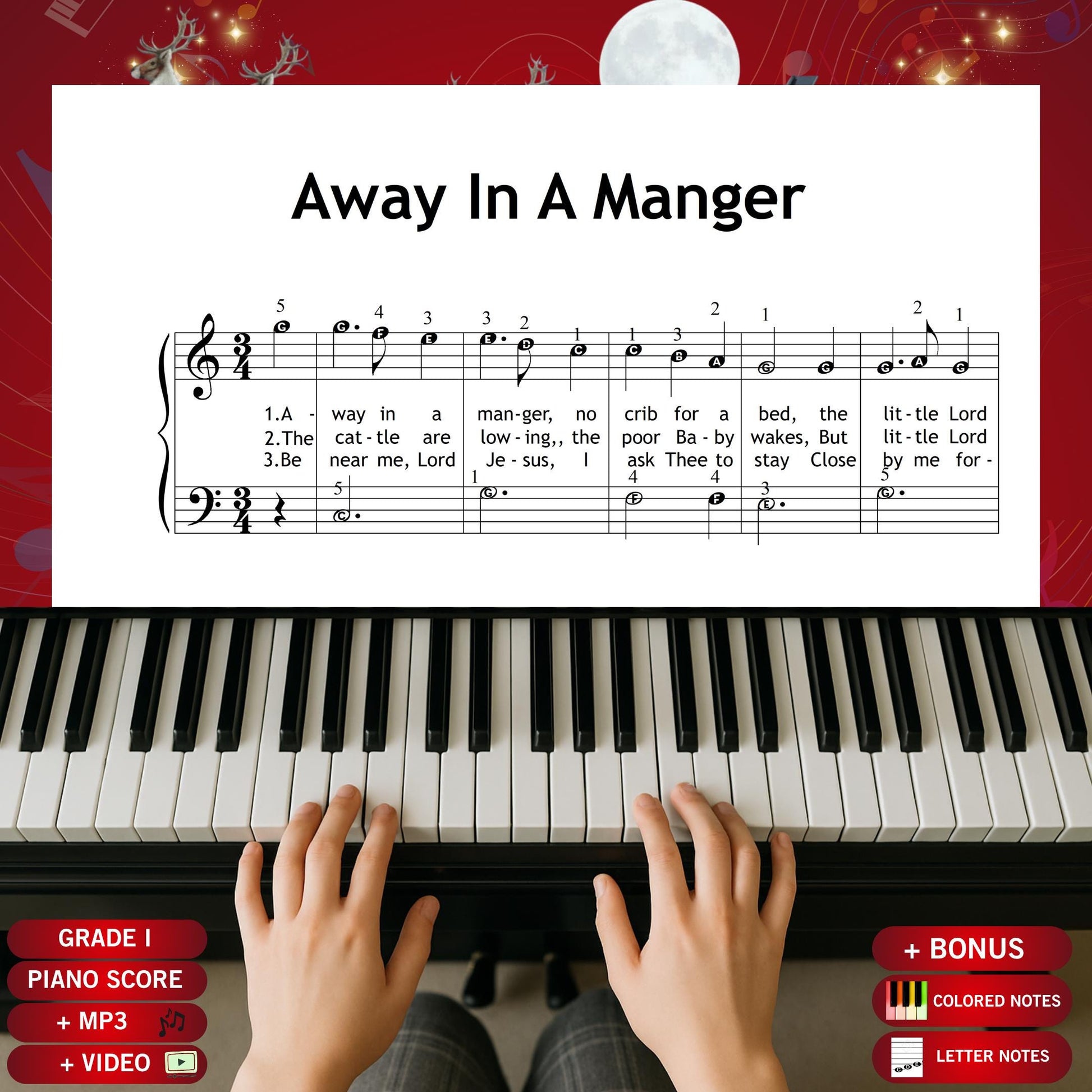 Away in a Manger by James R. Murray downloadable and simplified piano sheet music PDF brings the gentle warmth of Christmas gifts 2025 with personalised, eco-friendly and last-minute digital Christmas printables, offering Grade 1 lyrics, finger numbers, note names and color-coded notes for peaceful festive learning and instant holiday joy.
