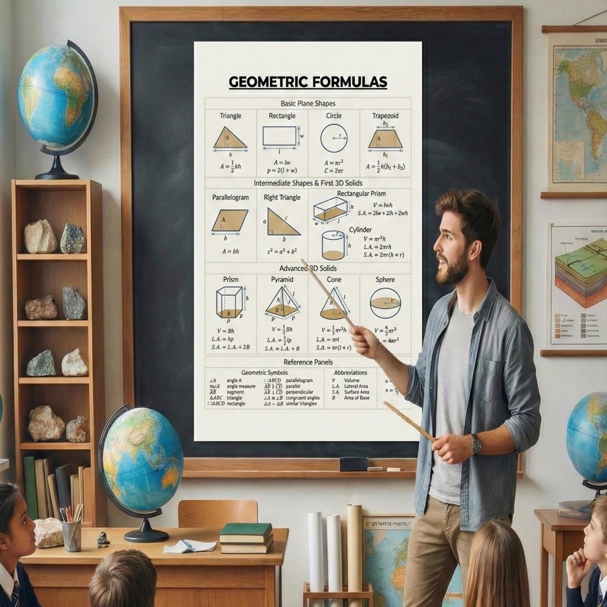 Geometry Formula Reference Chart – 2D and 3D Shapes with Area and Volume | Printable Math Poster PDF