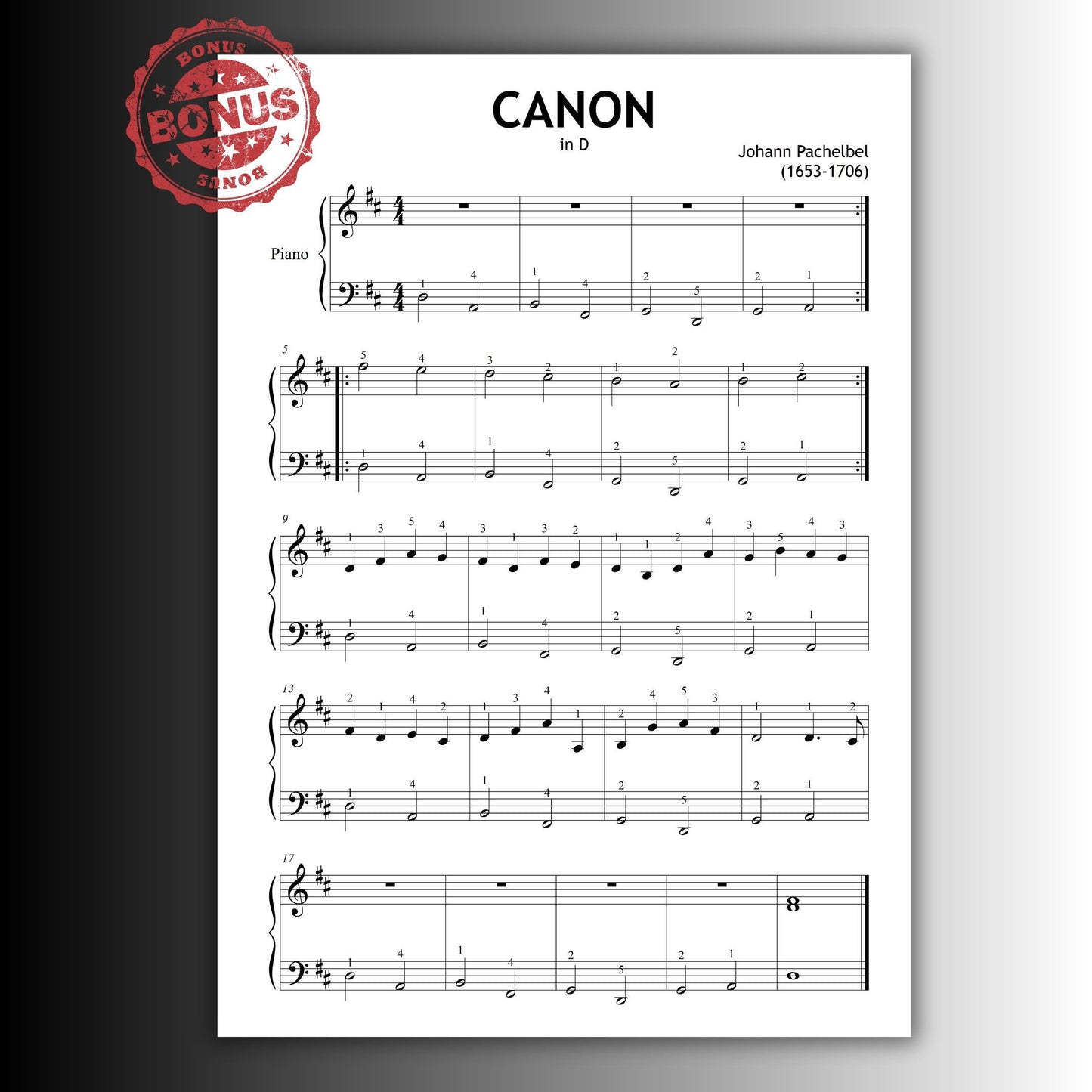 Canon in D Pachelbel simplified piano trio arrangement printed pages with MP3 and video tutorial icons, digital bundle designed for music students and early ensemble work.