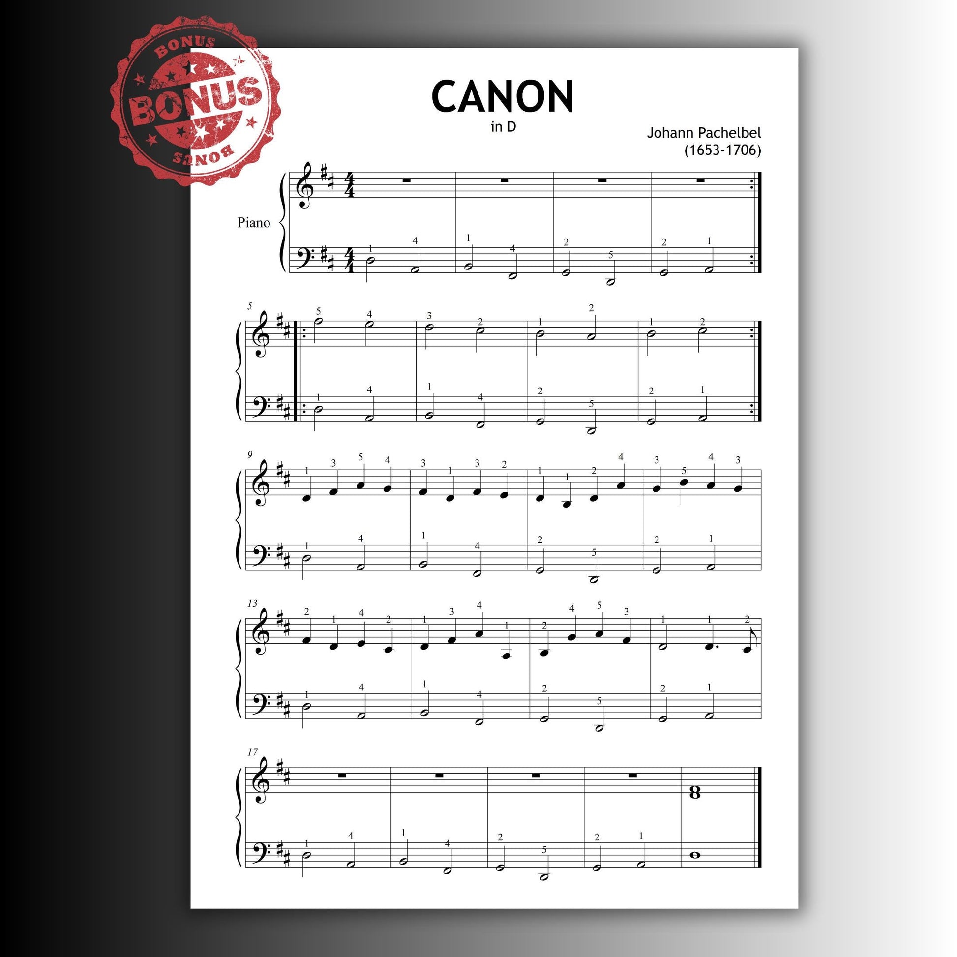 Canon in D Pachelbel simplified piano trio arrangement printed pages with MP3 and video tutorial icons, digital bundle designed for music students and early ensemble work.