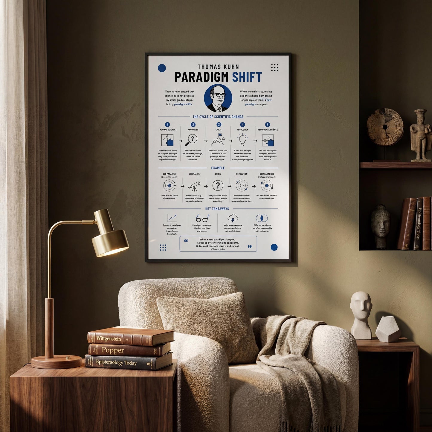 a poster of "Paradigm Shift" hanging on a wall in a living room, with a beige armchair and a wooden side table in the foreground.
