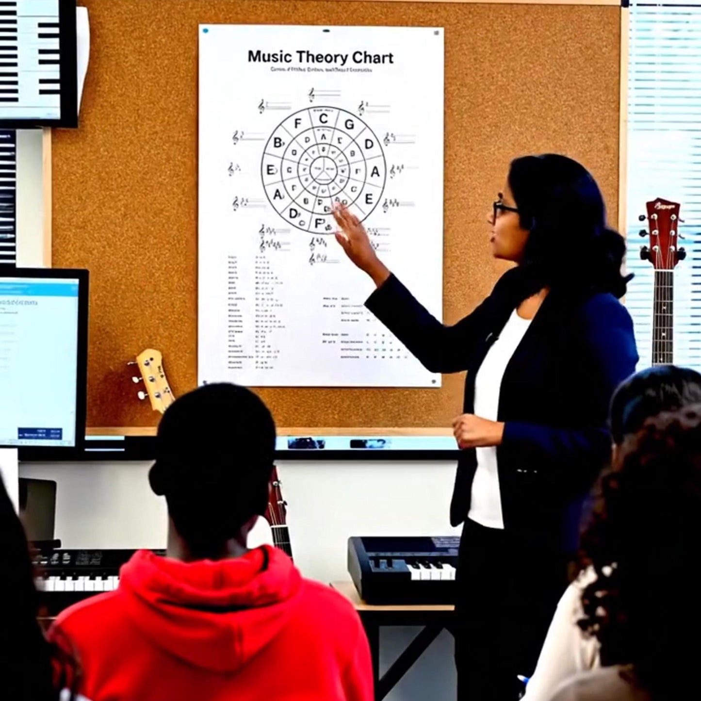Music Theory Chart – Circle of Fifths, Scales and Chord Formulas presented as a student-friendly reference chart optimized for printing or tablet use, helping musicians understand key relationships, scale structures, and chord building at a glance.