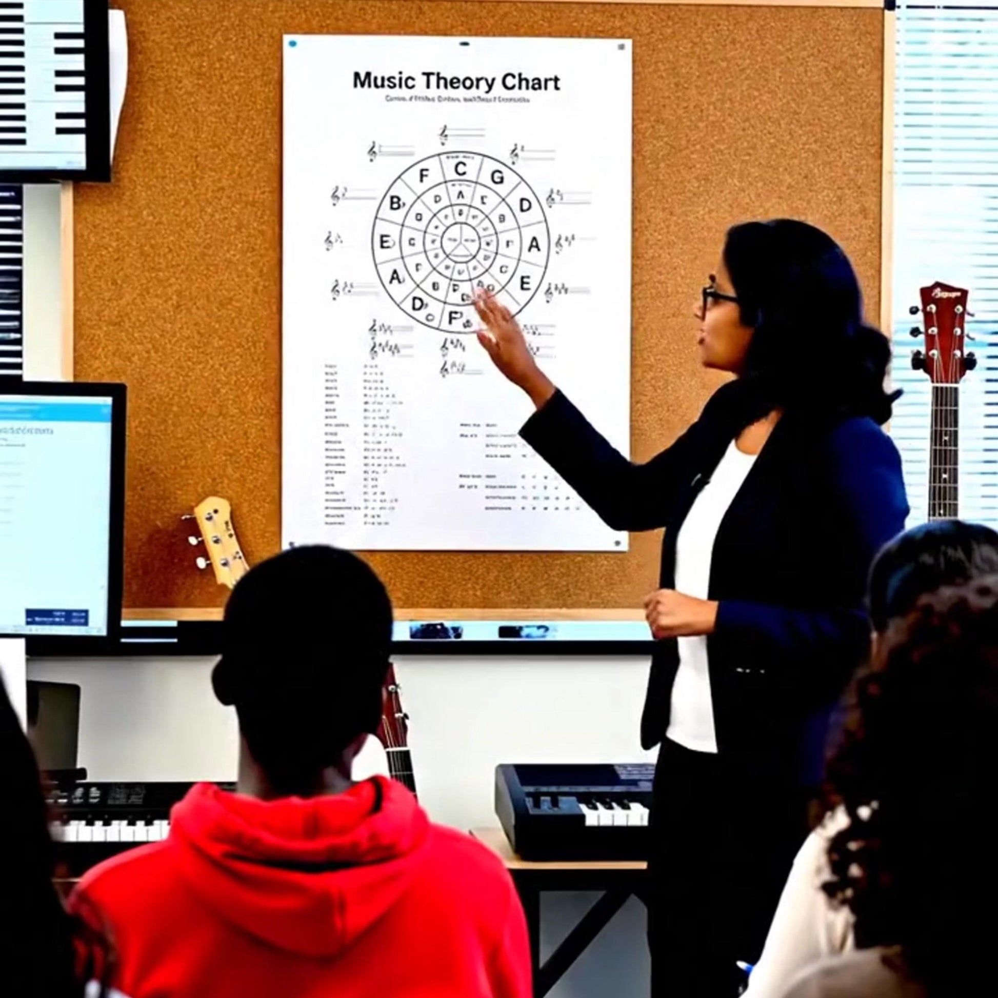 Music Theory Chart – Circle of Fifths, Scales and Chord Formulas presented as a student-friendly reference chart optimized for printing or tablet use, helping musicians understand key relationships, scale structures, and chord building at a glance.