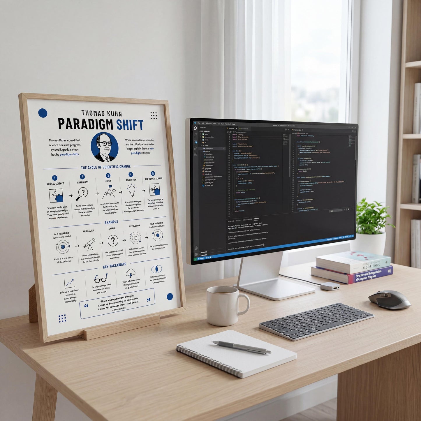 a desk with a computer monitor, keyboard, mouse, and a notebook. There is also a poster or infographic on the desk that appears to be related to the "Paradigm Shift".
