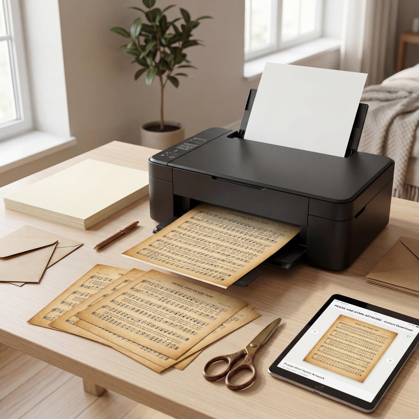 a printer, a tablet, and various office supplies arranged on a wooden desk.