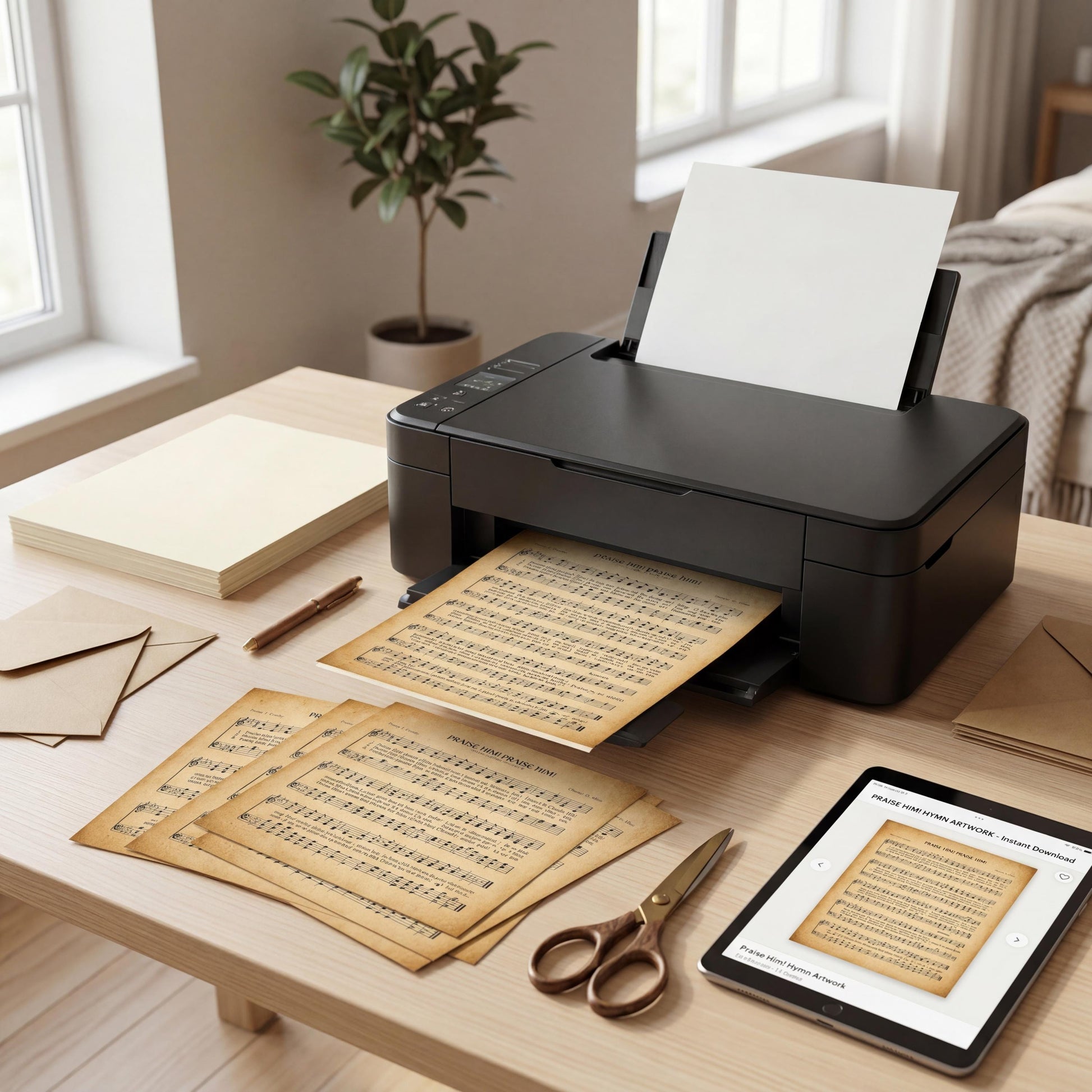 a printer, a tablet, and various office supplies arranged on a wooden desk.