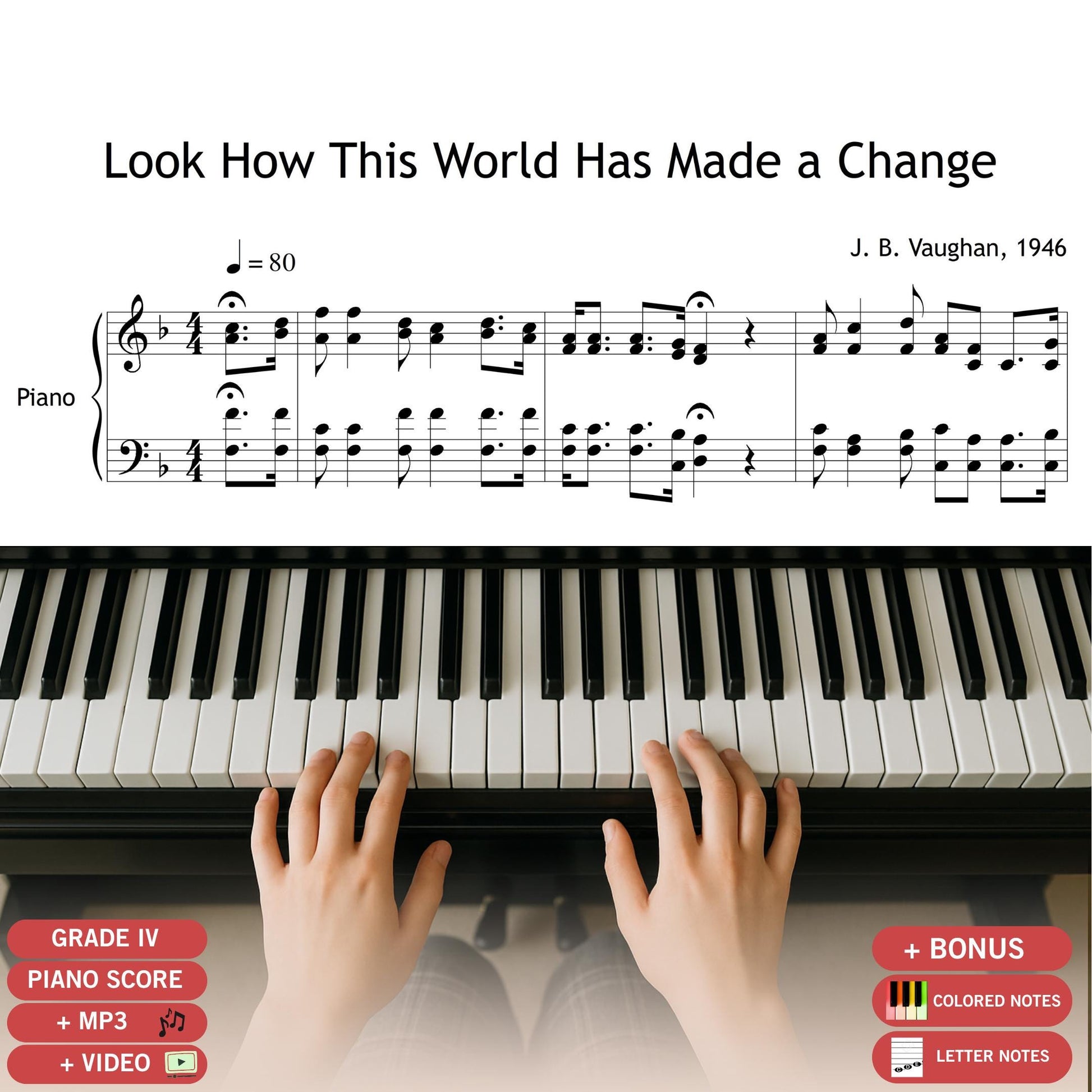 Look How This World Has Made a Change by J. B. Vaughan downloadable and simplified piano sheet music PDF shown with the SATB choir and piano arrangement, including finger numbers, color-coded notes, and note-name versions based on the original handwritten manuscript, displayed with full gospel lyrics for clear ensemble rehearsal.