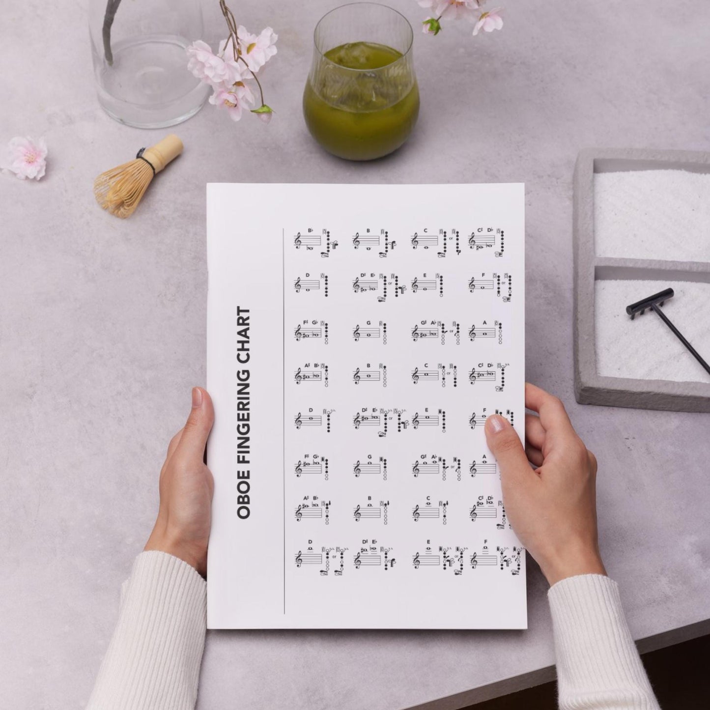 Oboe Fingering Chart music classroom resource, one-page PDF and PNG digital file designed to be printable from small sheets to large wall posters, clean and professional guide for oboe learners, teachers, and advanced players alike.