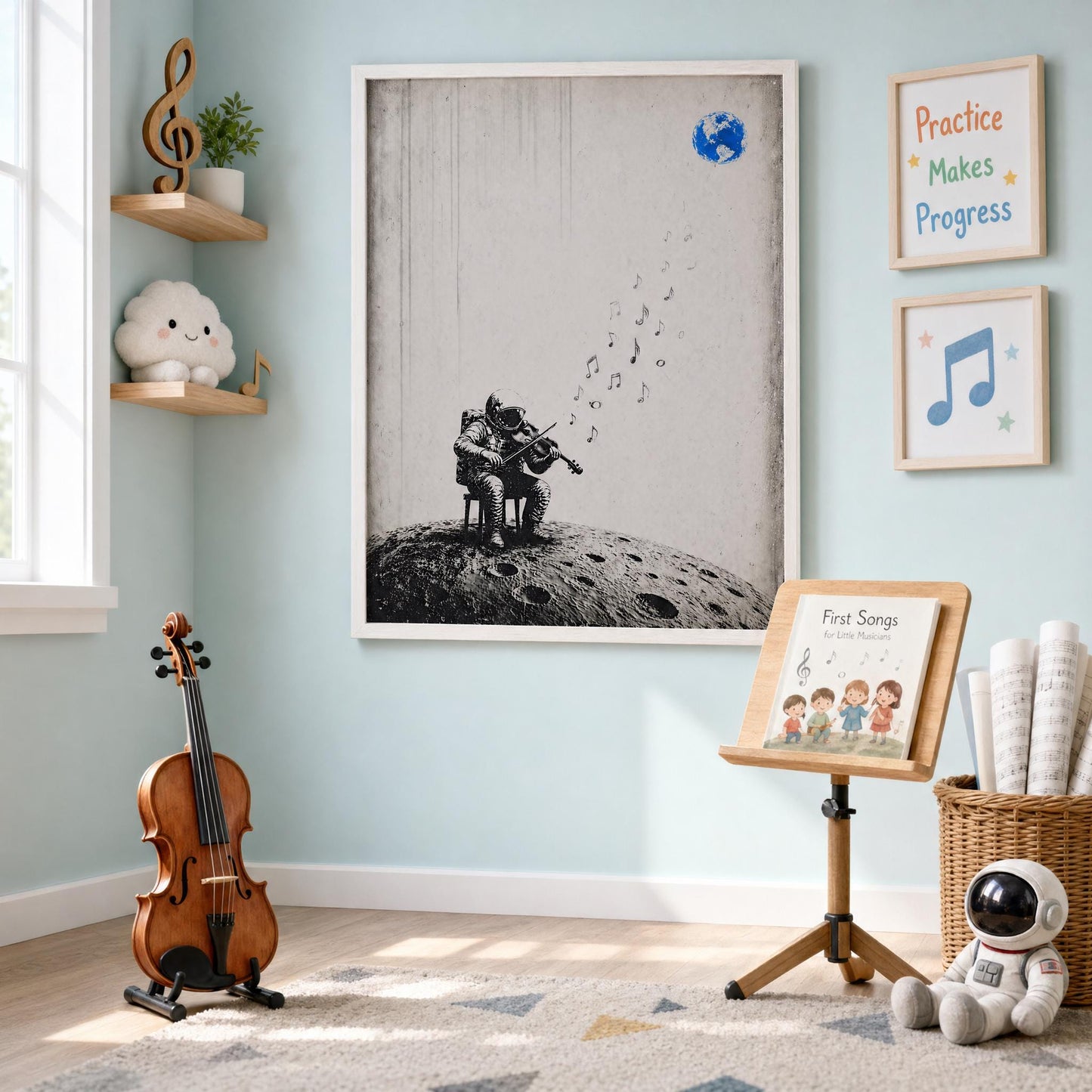 Astronaut Viola Wall Art – Minimalist Space Poster | Black White Music Print