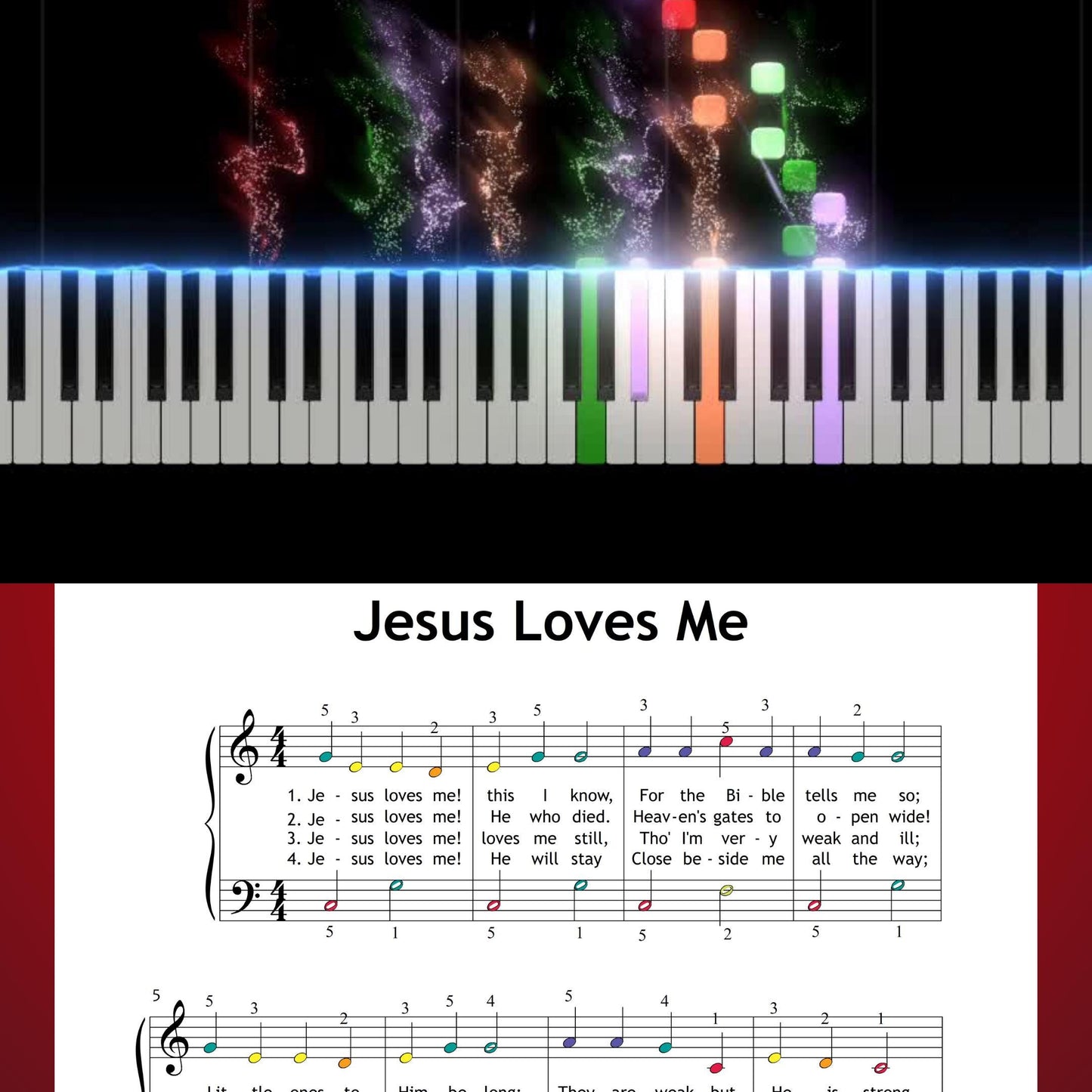 Jesus Loves Me by William B. Bradbury downloadable and simplified piano sheet music PDF arranged in a Christmas hymn style with beginner-friendly notation, lyrics, color assistance, and MP3/MP4 guidance for seasonal lessons.