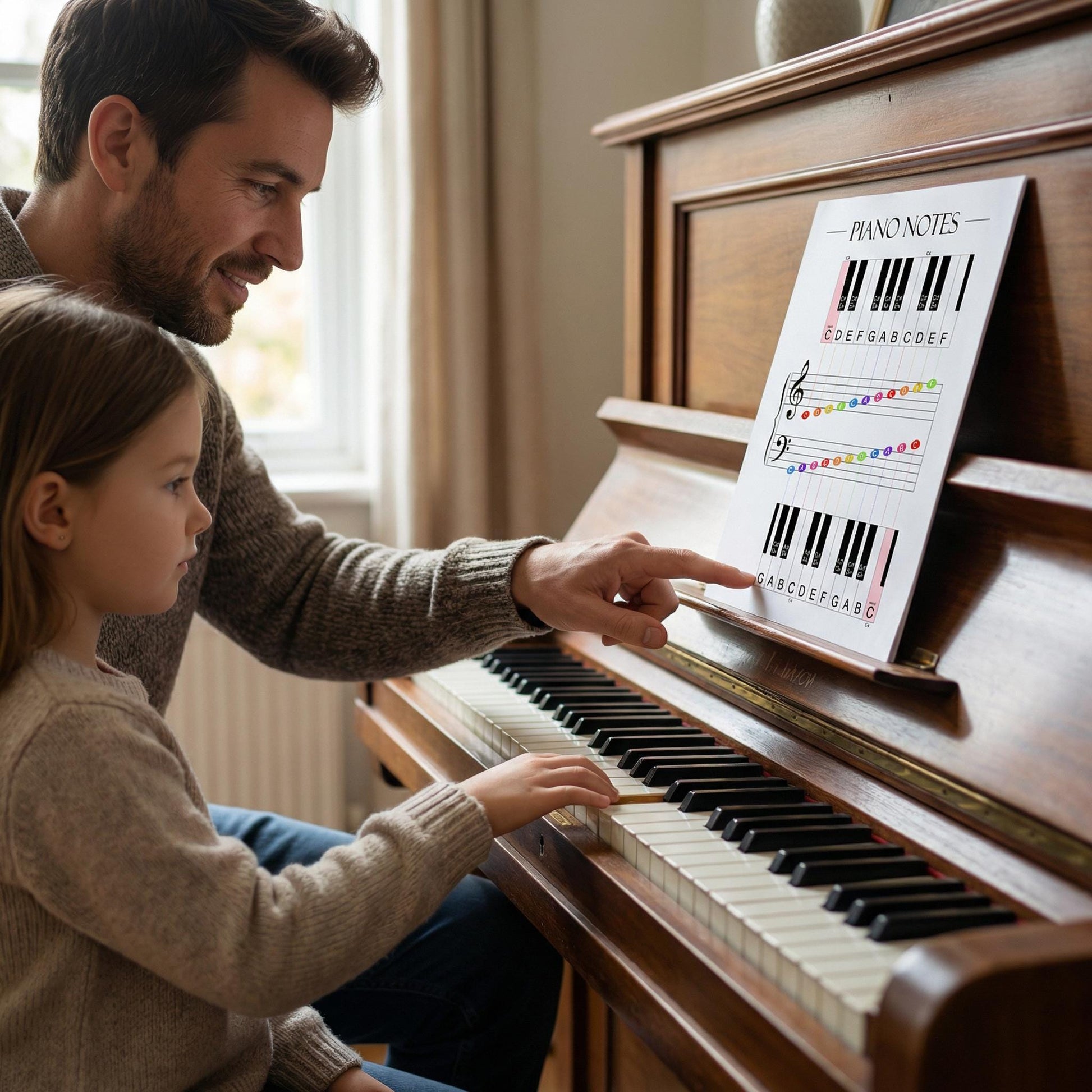 Piano notes chart wall art printable offering color and black-and-white versions of treble and bass clefs, optimized for classrooms, studios, and homeschool music learning.