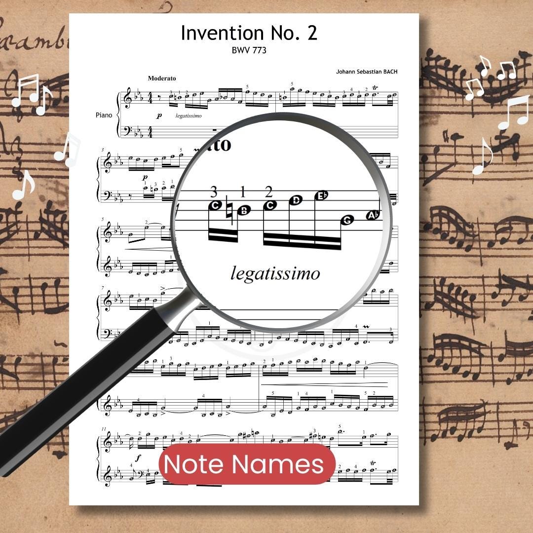 Invention No.2 sheet music with note names labeled to reinforce pitch reading and interval recognition. Useful for early intermediate learners studying polyphonic textures.