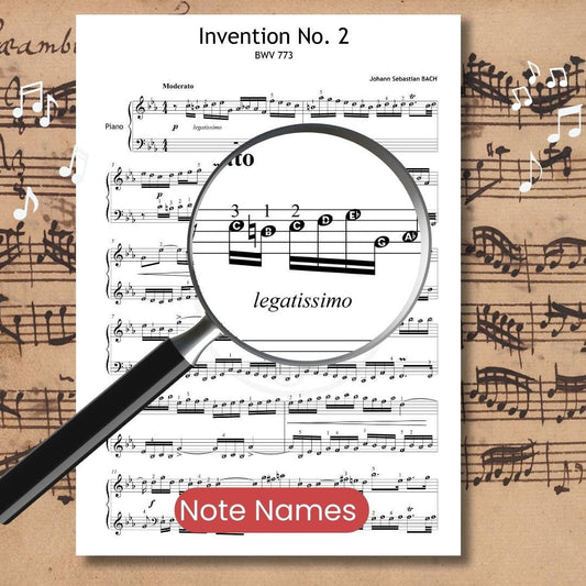 Invention No.2 sheet music with note names labeled to reinforce pitch reading and interval recognition. Useful for early intermediate learners studying polyphonic textures.