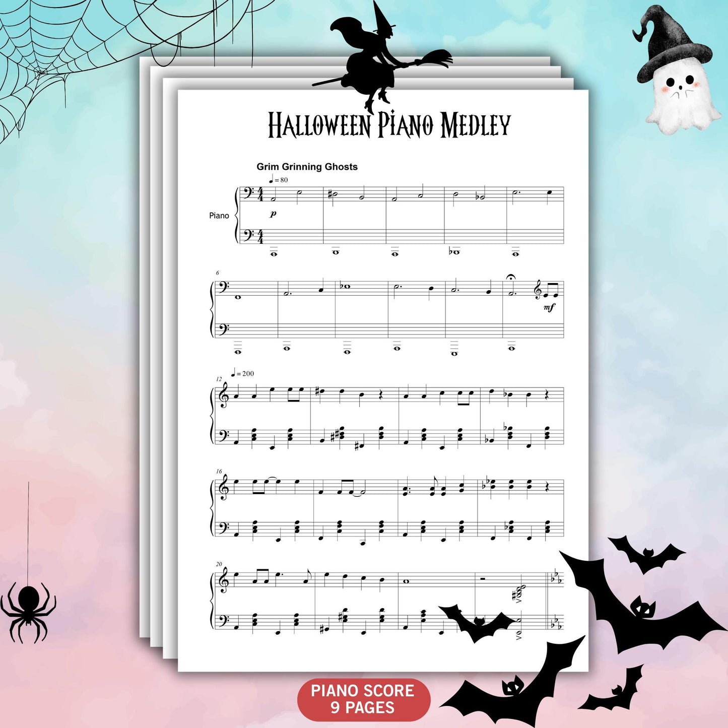 Spooky Halloween Piano Medley for Grade 4–5, 11-piece sheet music collection featuring classical, film, and game themes, digital PDF with note names, color-coded notes, MP3 and MP4 support for teachers and students.