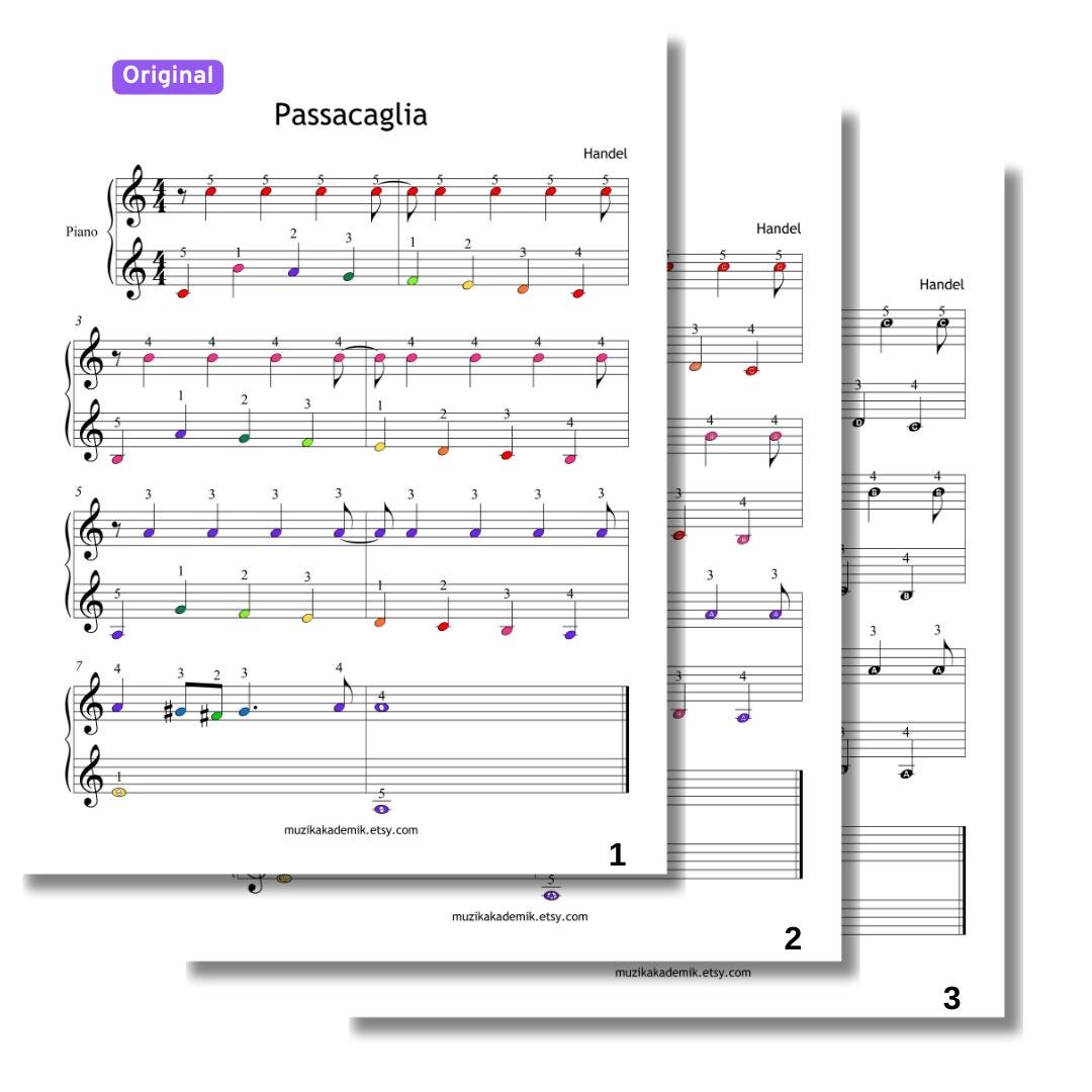Passacaglia - Grade 1 Simplified Easy Piano Sheet | Beginner Handel Halvorsen Music PDF + MP3 + Video + Color Notes