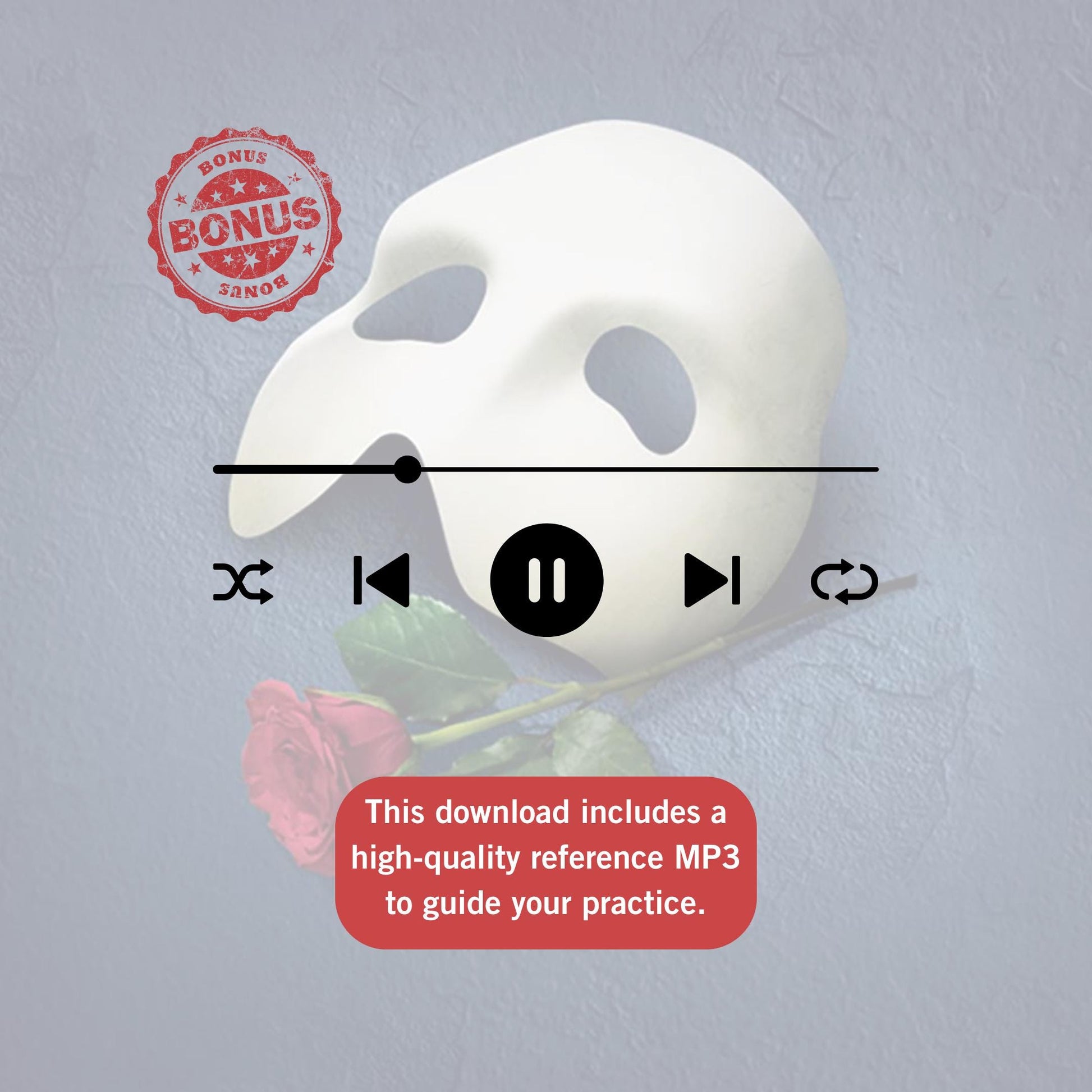 Phantom of the Opera by Andrew Lloyd Webber simplified Grade 1–2 Halloween piano arrangement, easy PDF sheet with color-coded notes, letter names, MP3 demo track, and MP4 video guidance.