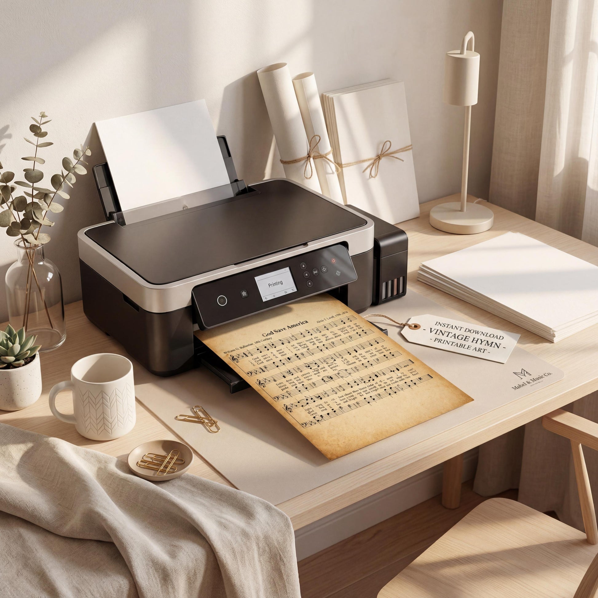 A black and white printer sits on a wooden desk, surrounded by various office supplies and decor.