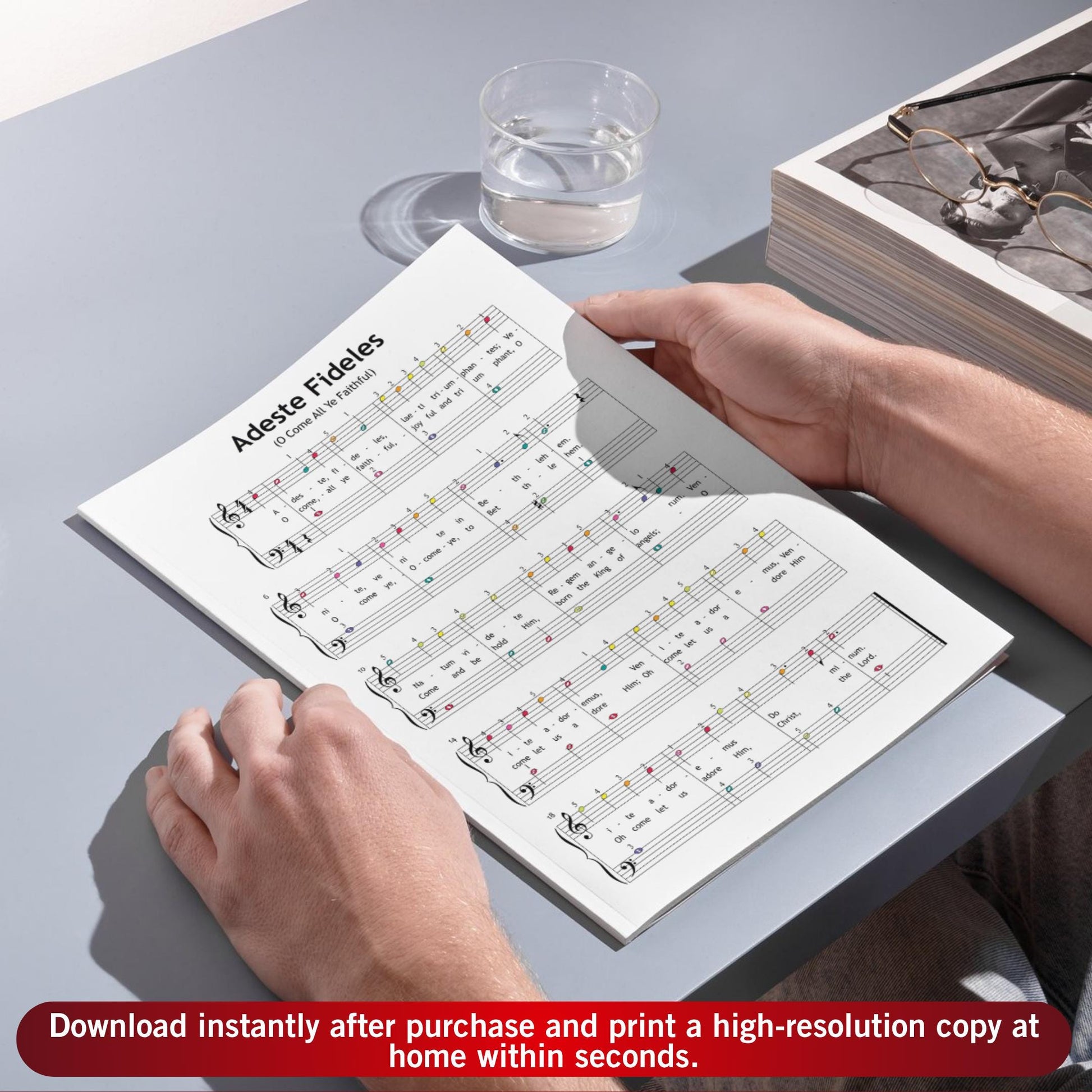 Adeste Fideles (O Come All Ye Faithful) by John Francis Wade downloadable and simplified piano sheet music PDF created for holiday classroom lessons aligns with Christmas gifts 2025 eco-friendly printable trends, offering lyrics, finger numbers, color-guided notation and note-name versions for structured group learning.