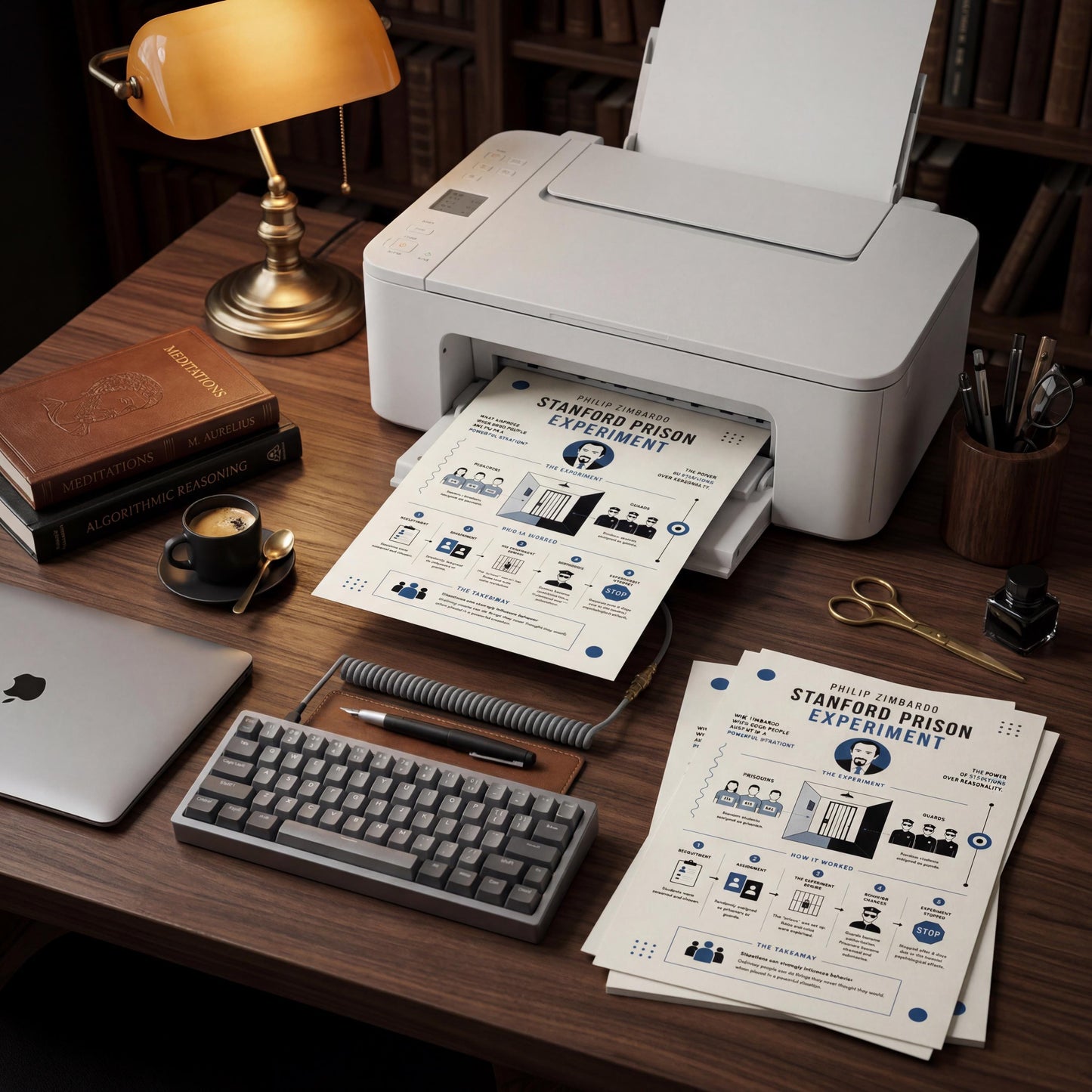 a desk with various office supplies and equipment, including a printer, a laptop, a keyboard, a lamp, and a stack of papers.