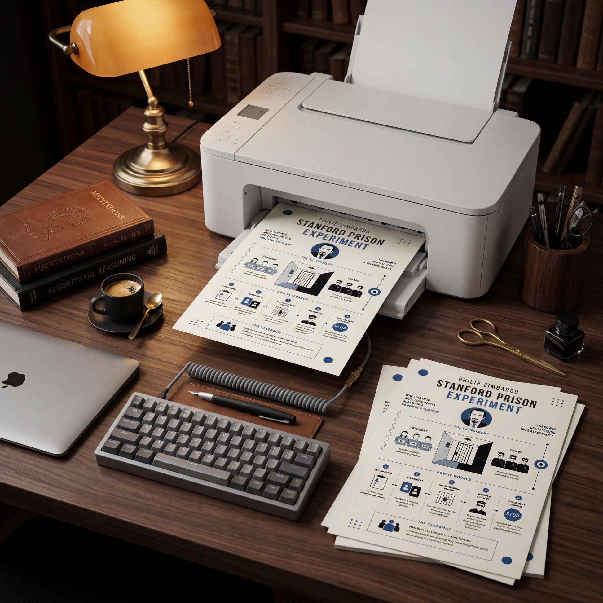 a desk with various office supplies and equipment, including a printer, a laptop, a keyboard, a lamp, and a stack of papers.
