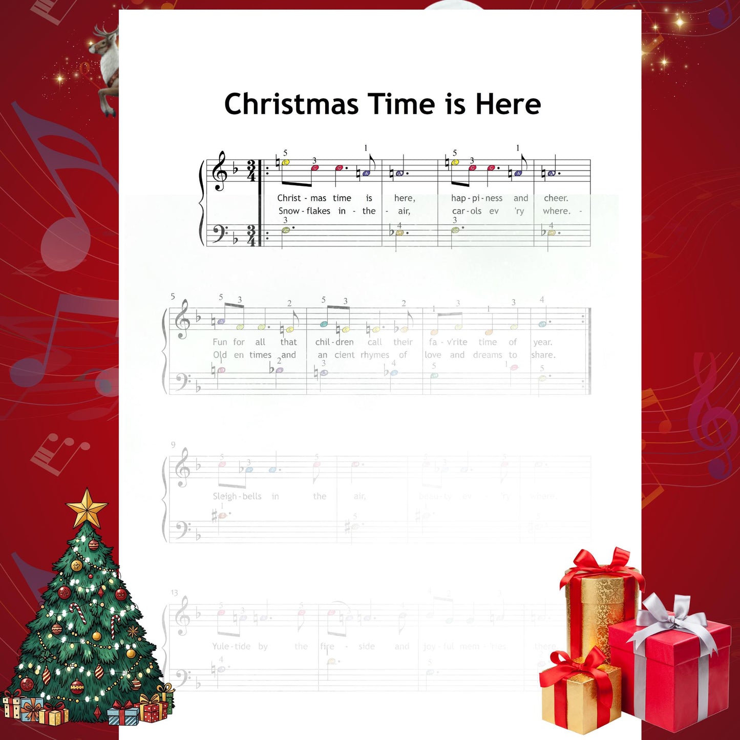 Christmas Time Is Here by Vince Guaraldi downloadable and simplified piano sheet music PDF created for easy holiday performances integrates Christmas gifts 2025 instant-use printables, beginner-friendly lyrics, finger numbers, note-name versions and color-guided notation for steady musical growth.