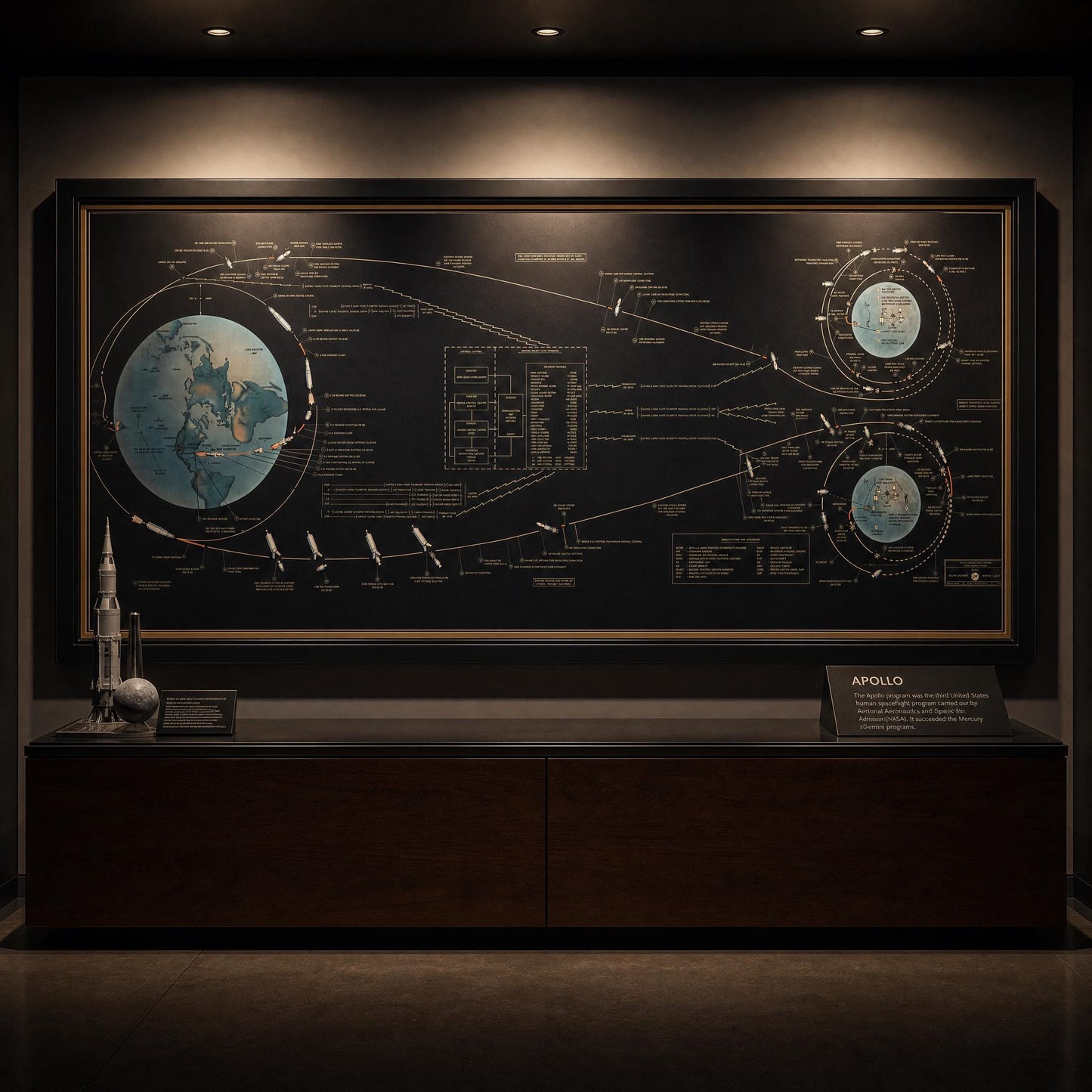 Apollo 11 Lunar Landing mission poster high-resolution printable artwork inspired by original NASA charts, perfect for classrooms, offices, and aerospace collections