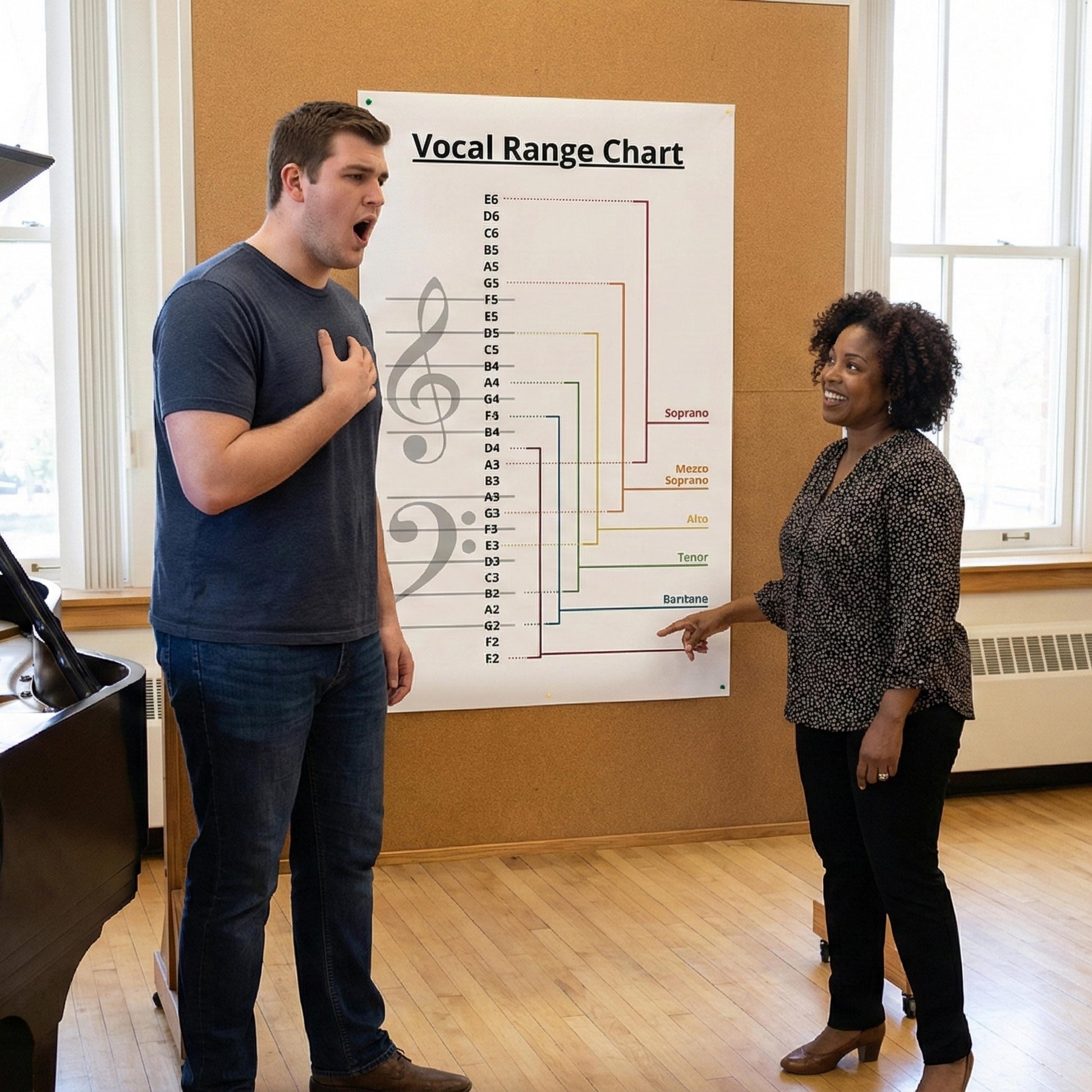 Vocal Range Chart for choir and voice training shown as a practical reference for music schools and voice studios, helping students understand how vocal ranges relate to written music notation.