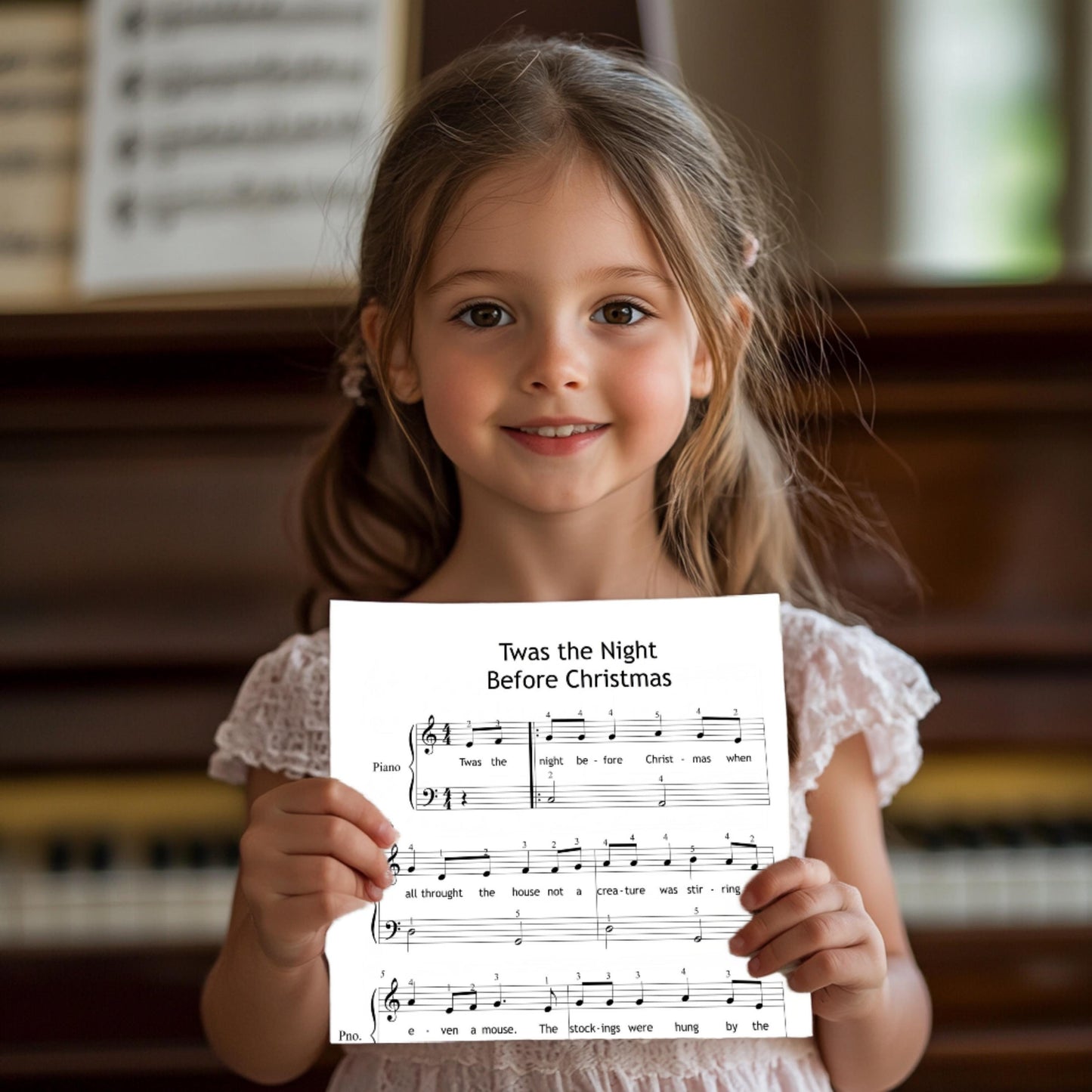 ’Twas the Night Before Christmas Grade 1–2 simplified piano arrangement downloadable piano sheet music PDF with fingered and letter-note versions, color-coded notation, MP3 demo audio, and bonus holiday cover, printable A4 or US Letter and tablet-friendly, perfect for Christmas recitals and early learners.