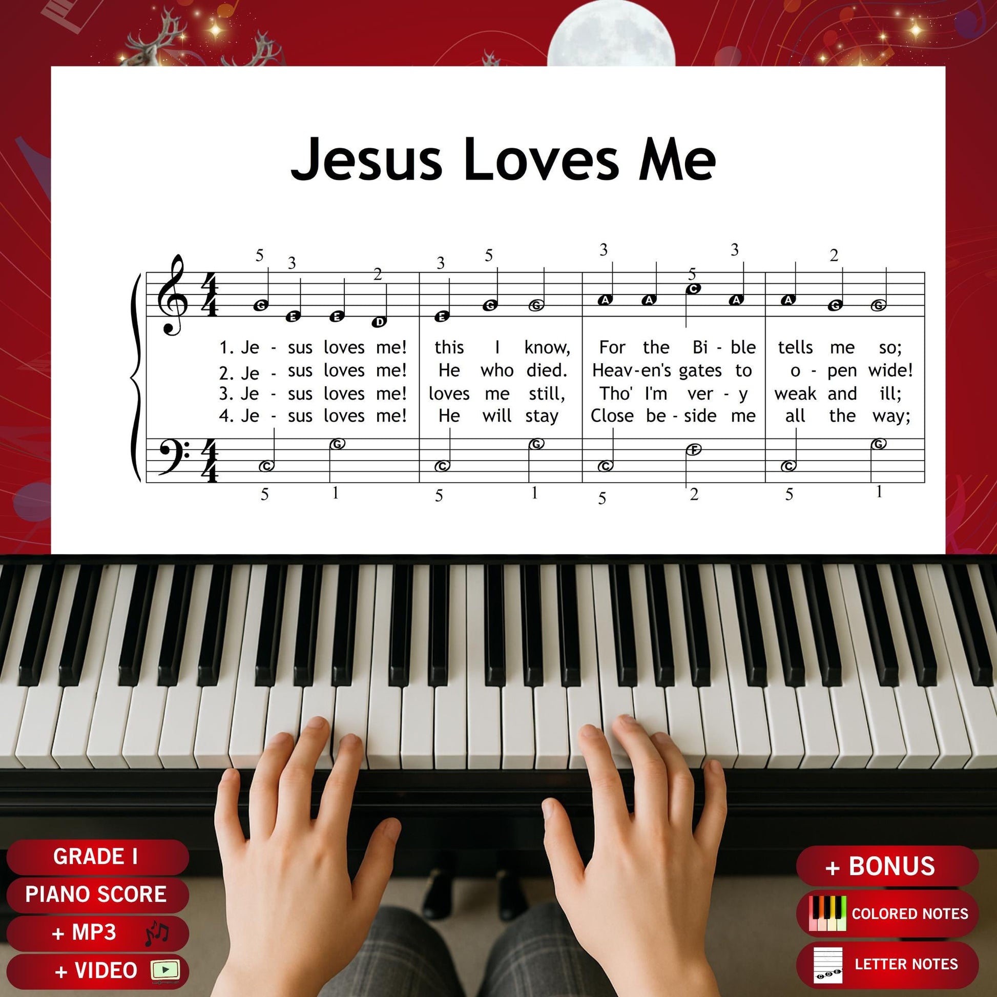 Jesus Loves Me by William B. Bradbury downloadable and simplified piano sheet music PDF for Grade 1 beginners with Christmas hymn lyrics, color-coded notes, note names, and finger numbers, plus tablet-ready PNGs, MP3 demo, and MP4 tutorial for joyful holiday and Sunday-school learning.