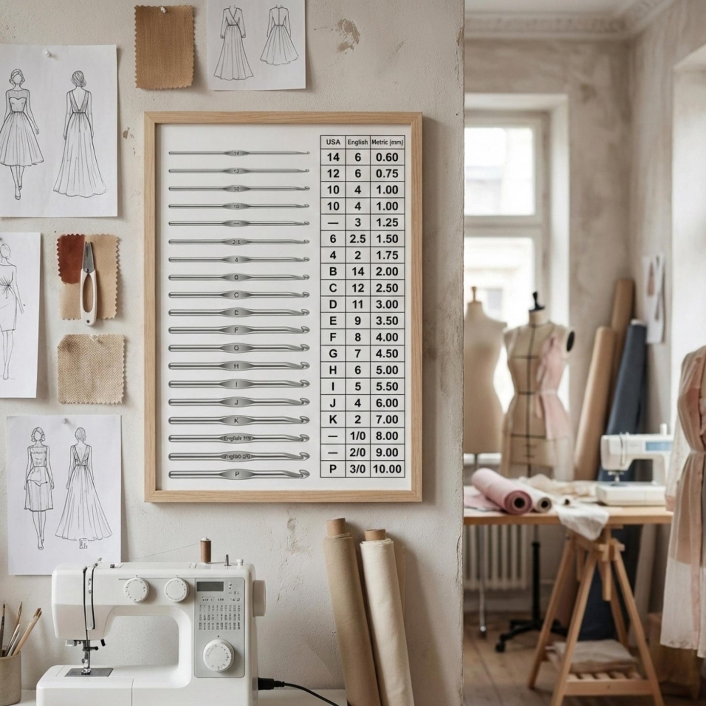 Crochet Hook Size Conversion Chart – US UK and Metric Guide displayed as a tablet-friendly digital chart with clearly labeled columns for US, UK, and metric sizes, suitable for on-the-go crochet projects.

Crochet Hook Size Conversion Chart – US UK and Metric Guide shown as a printable and digital PNG preview highlighting a clear conversion table designed to eliminate confusion when switching between international crochet patterns.