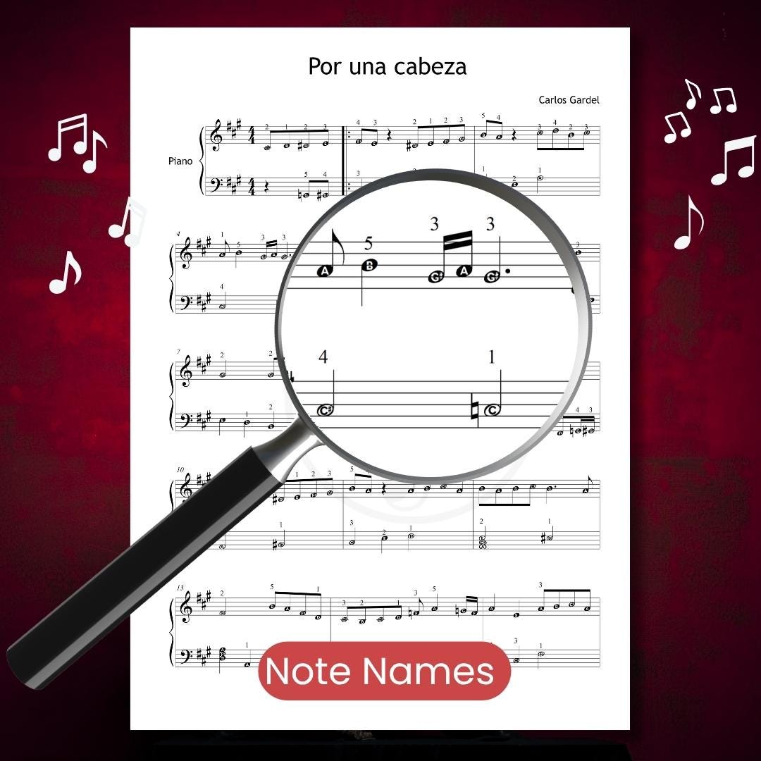 Por una Cabeza by Carlos Gardel downloadable and simplified piano sheet music PDF displayed with note-name annotations, finger numbers, and color-coded notes in a clear Grade 4–5 engraving derived from handwritten manuscript sources, ideal for shaping authentic tango rhythm.