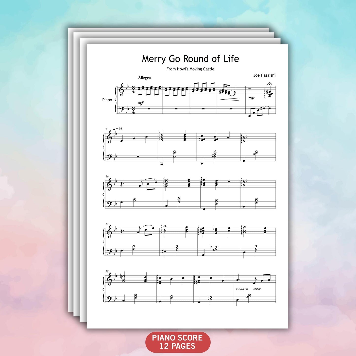 Merry-Go-Round of Life by Joe Hisaishi Grade 5 piano arrangement, downloadable sheet music PDF with 12 professionally engraved pages, MP3 demo track, and tutorial video included, ideal for ABRSM and Trinity exam preparation or as a recital piece for film and contemporary repertoire.