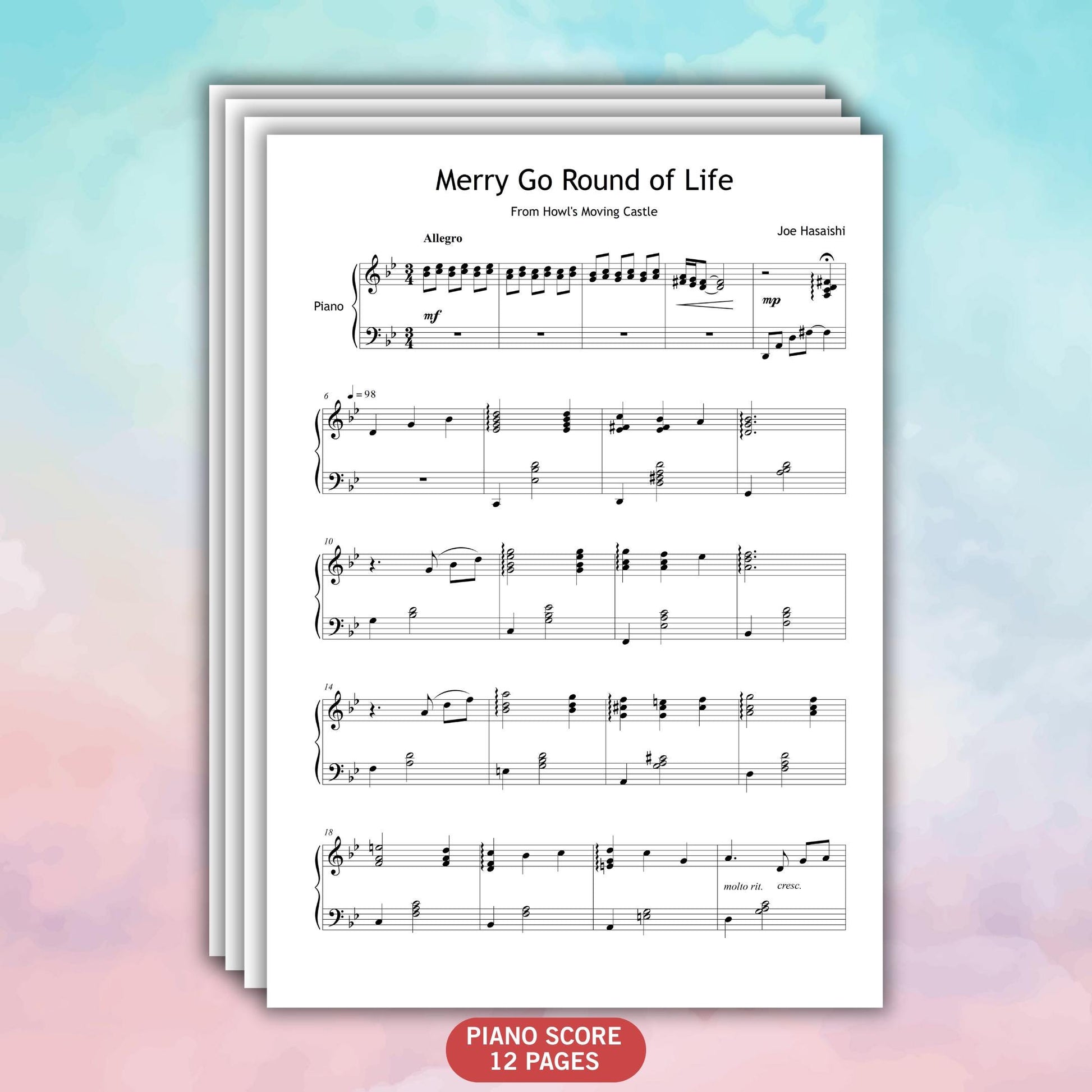 Merry-Go-Round of Life by Joe Hisaishi Grade 5 piano arrangement, downloadable sheet music PDF with 12 professionally engraved pages, MP3 demo track, and tutorial video included, ideal for ABRSM and Trinity exam preparation or as a recital piece for film and contemporary repertoire.